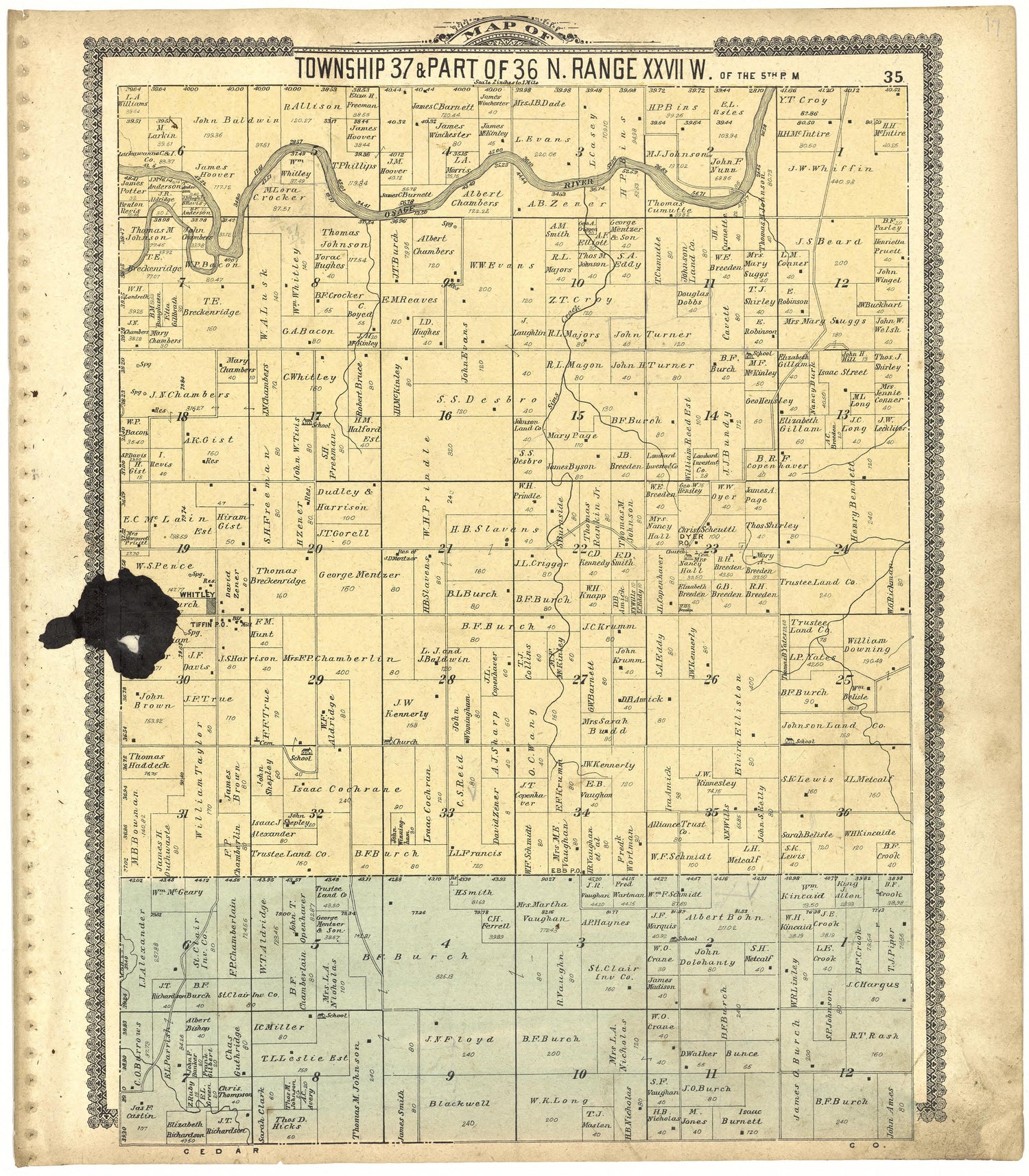 Map of Township 37 &amp; Part of 36 N. Range XXVII W. from Standard Atlas of St. Clair County, Missouri : Including a Plat Book of the Villages, Cities and Townships of the County, Map of the State, United States and World, Patrons Directory, Reference �... by Relic Map Company