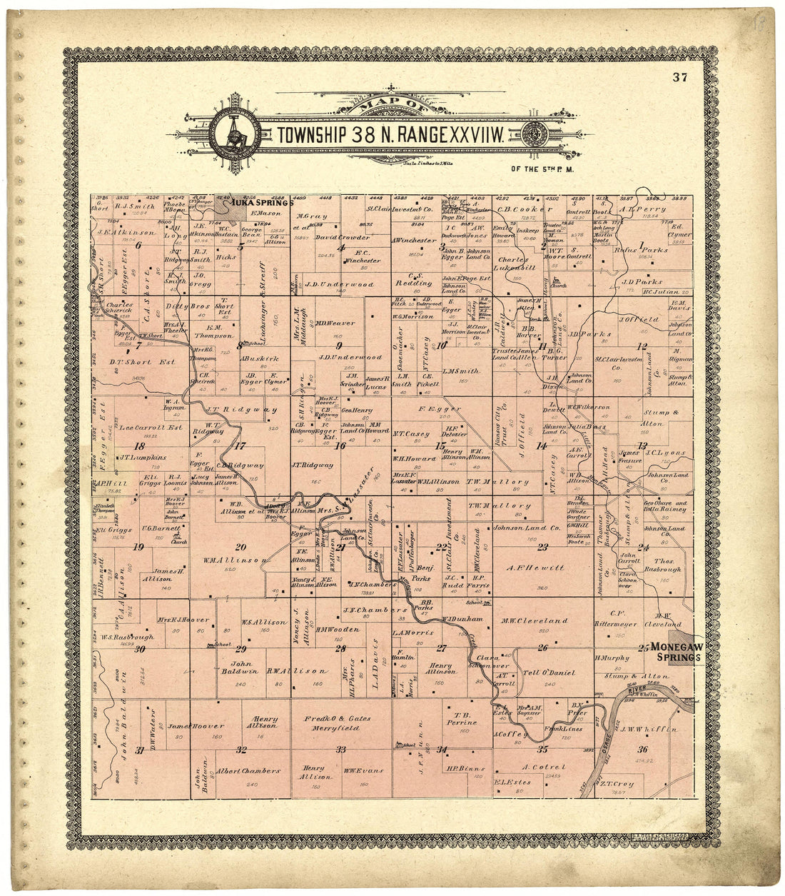 Map of Township 38 N. Range XXVII W. from Standard Atlas of St. Clair County, Missouri : Including a Plat Book of the Villages, Cities and Townships of the County, Map of the State, United States and World, Patrons Directory, Reference … 1903 by Relic Map Company