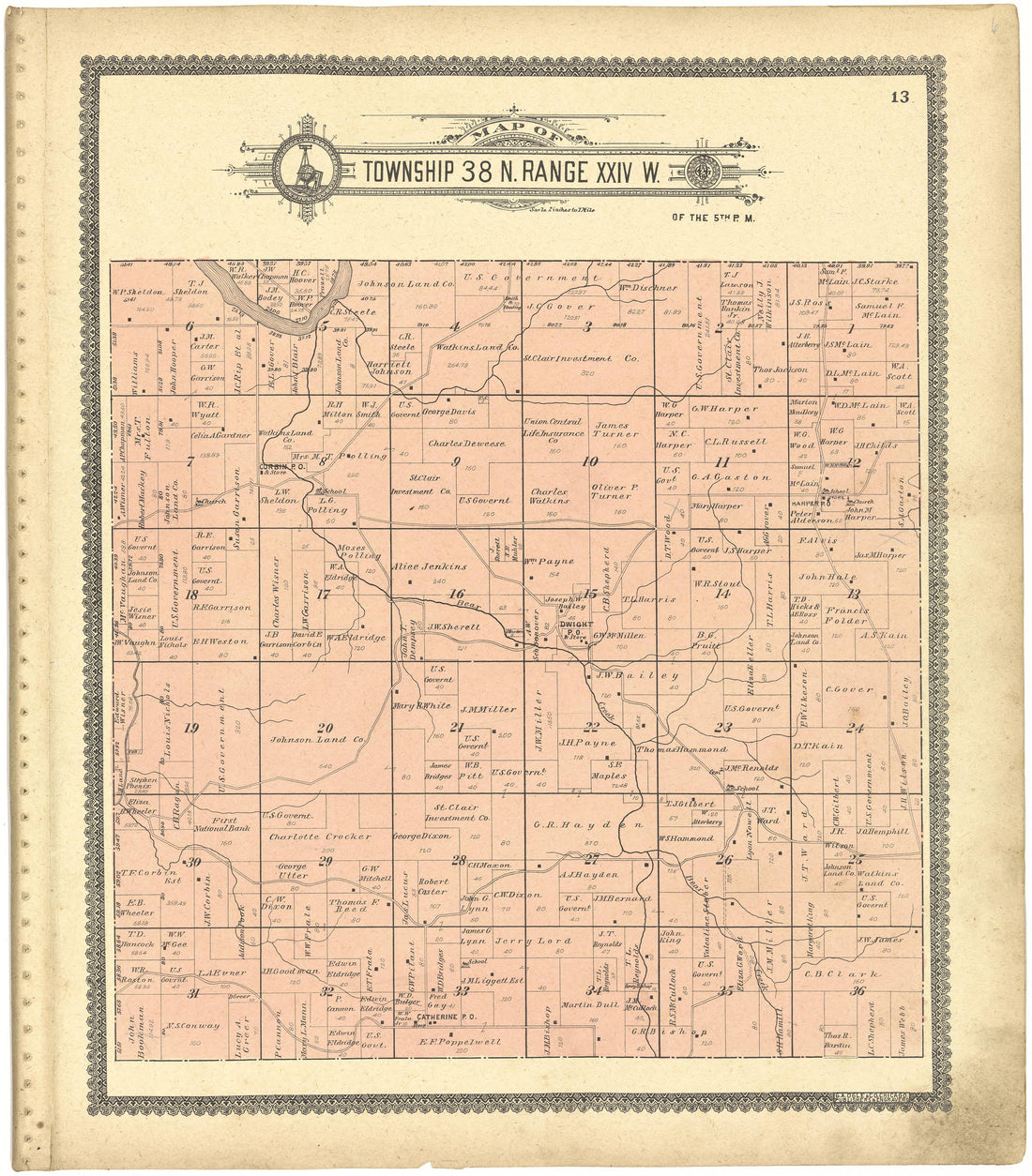 Map of Township 38 N. Range XXIV W. from Standard Atlas of St. Clair County, Missouri : Including a Plat Book of the Villages, Cities and Townships of the County, Map of the State, United States and World, Patrons Directory, Reference … 1903 by Relic Map Company