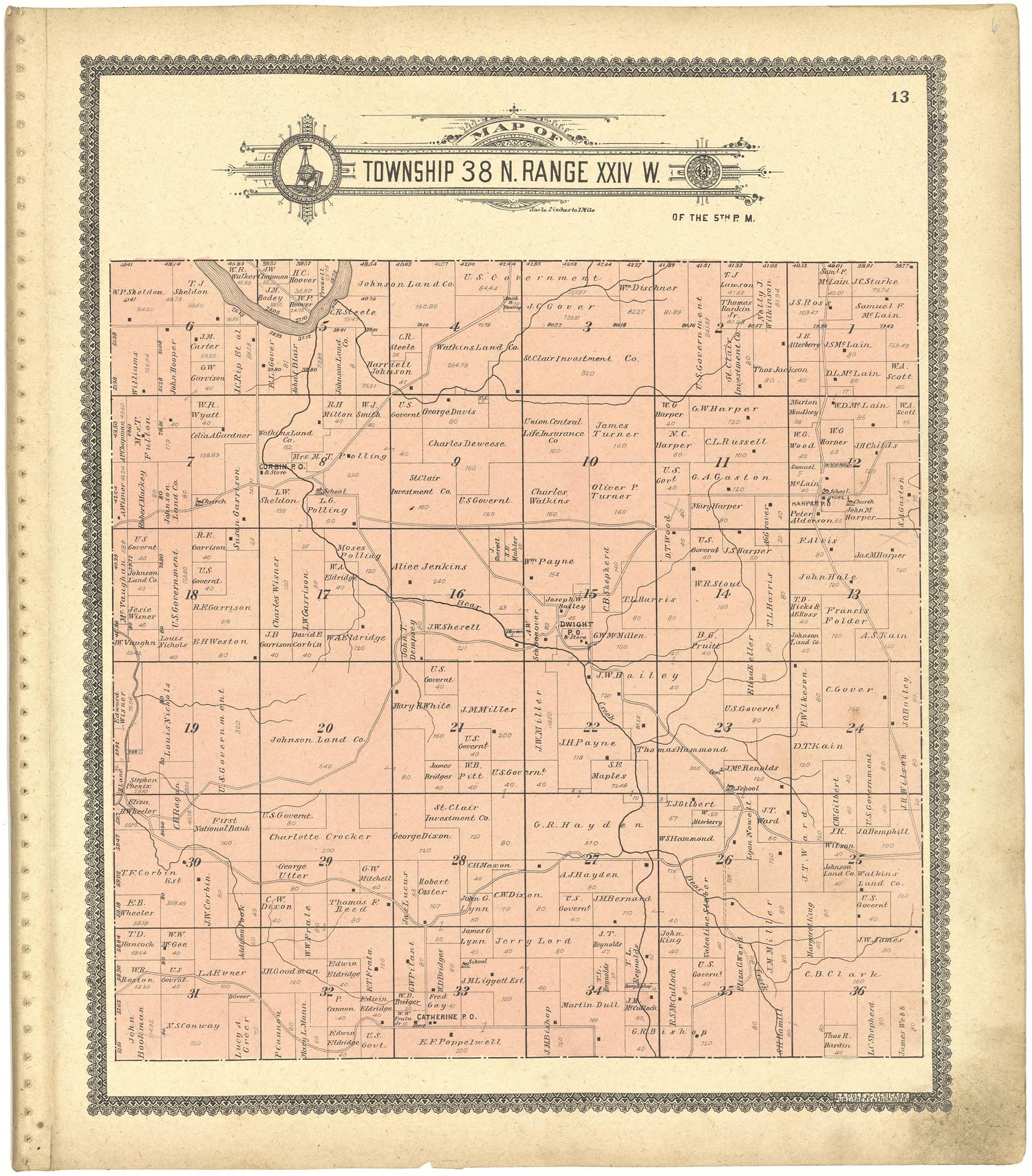 Map of Township 38 N. Range XXIV W. from Standard Atlas of St. Clair County, Missouri : Including a Plat Book of the Villages, Cities and Townships of the County, Map of the State, United States and World, Patrons Directory, Reference … 1903 by Relic Map Company