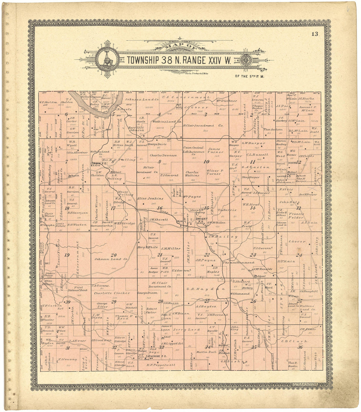 Map of Township 38 N. Range XXIV W. from Standard Atlas of St. Clair County, Missouri : Including a Plat Book of the Villages, Cities and Townships of the County, Map of the State, United States and World, Patrons Directory, Reference … 1903 by Relic Map Company