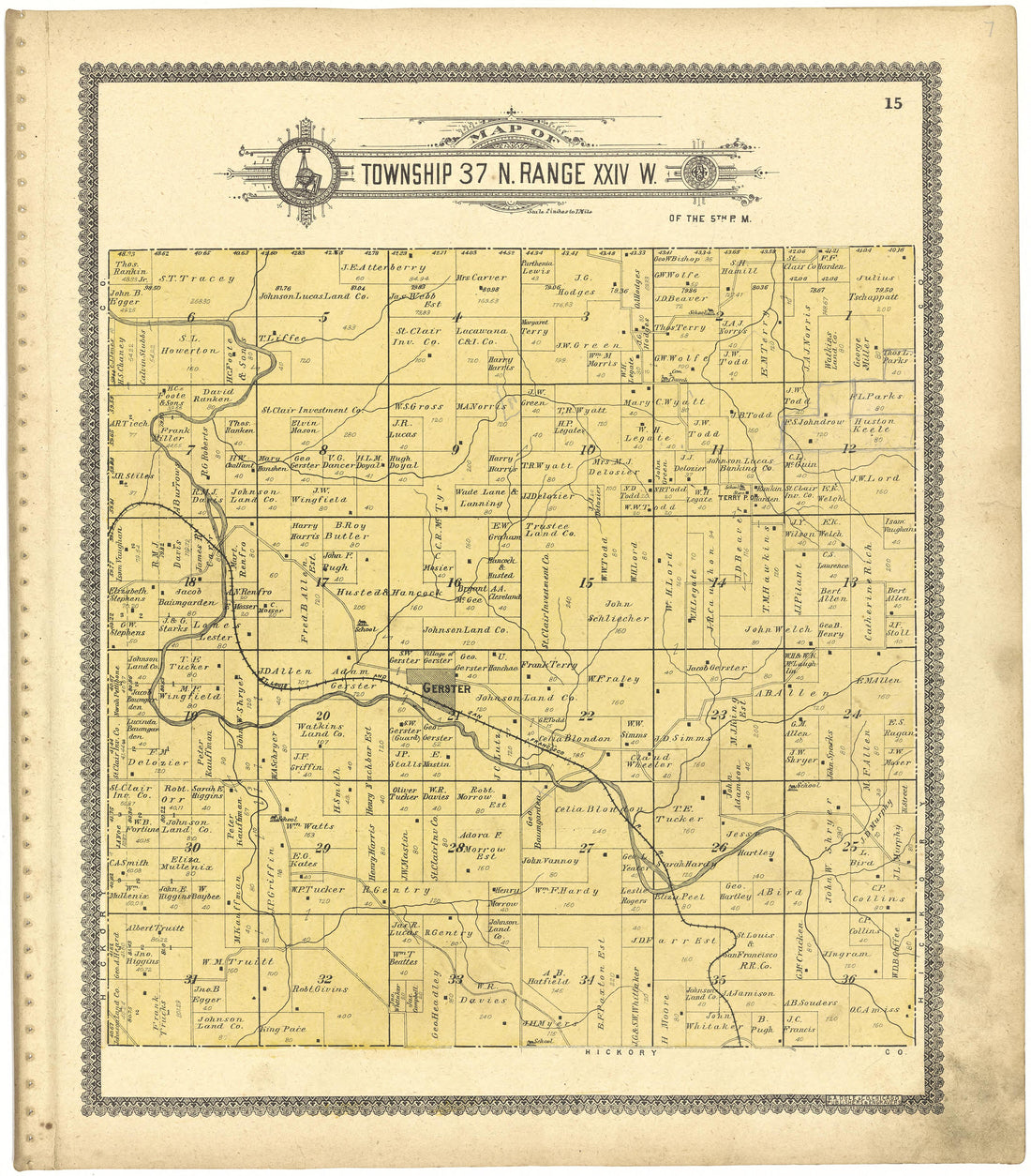 Map of Township 37 N. Range XXIV W. from Standard Atlas of St. Clair County, Missouri : Including a Plat Book of the Villages, Cities and Townships of the County, Map of the State, United States and World, Patrons Directory, Reference … 1903 by Relic Map Company