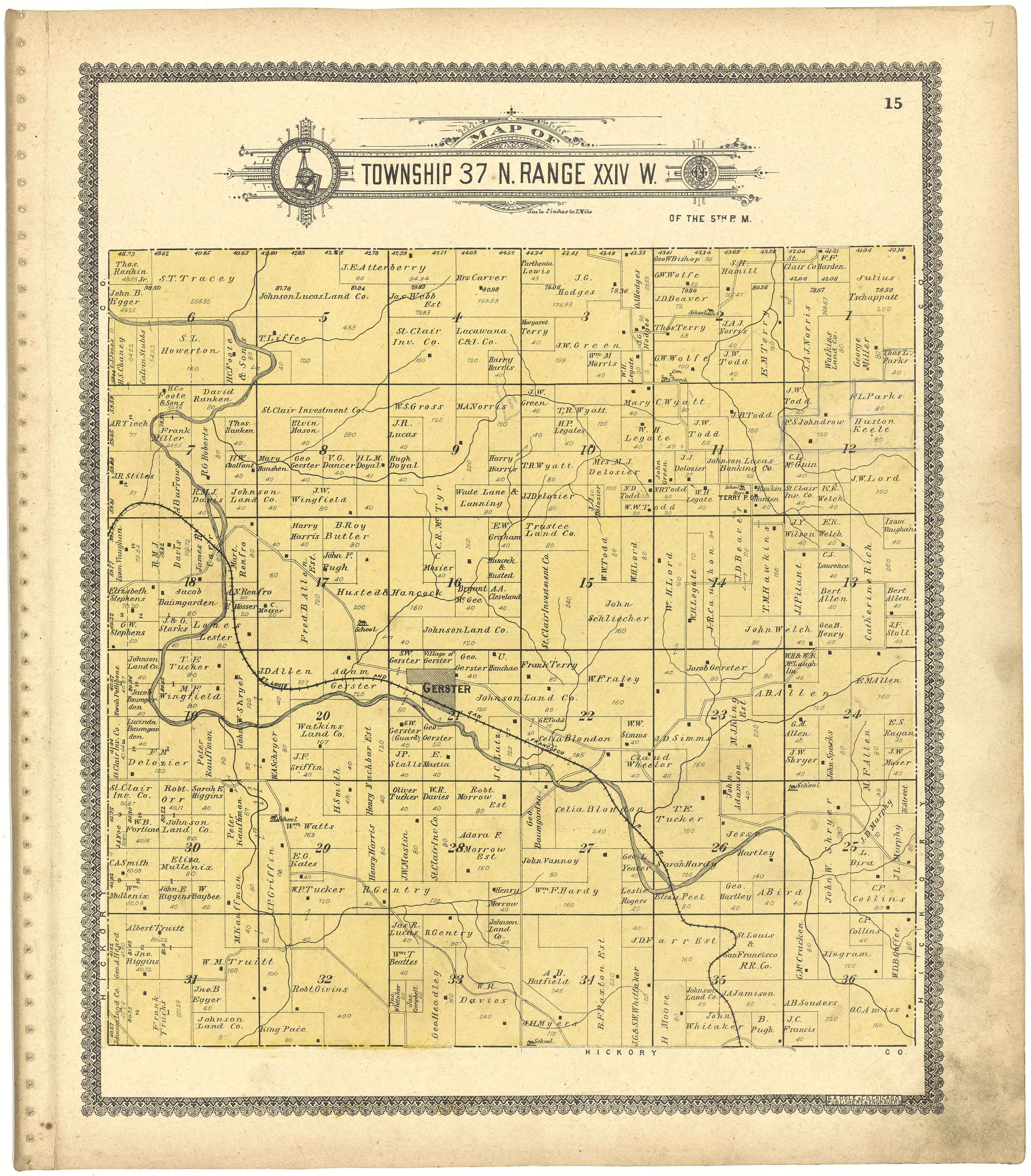 Map of Township 37 N. Range XXIV W. from Standard Atlas of St. Clair County, Missouri : Including a Plat Book of the Villages, Cities and Townships of the County, Map of the State, United States and World, Patrons Directory, Reference … 1903 by Relic Map Company
