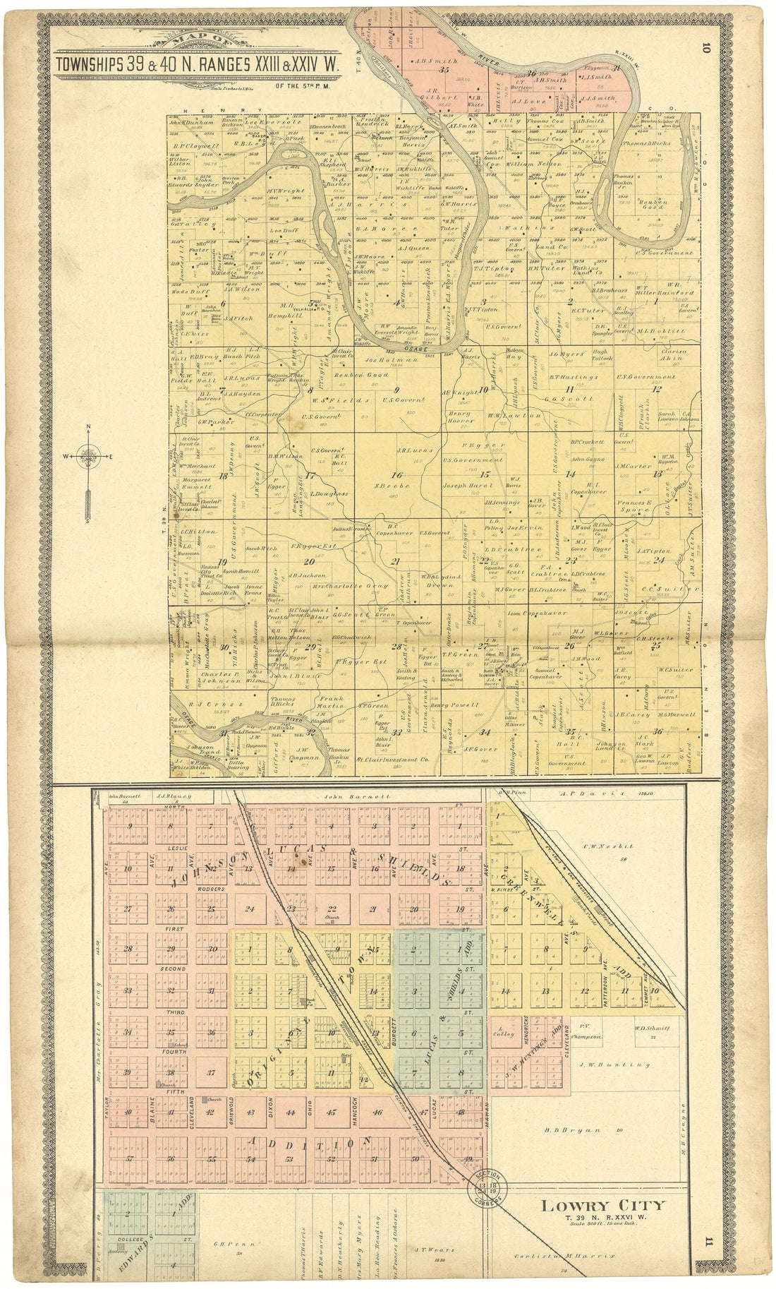 Map of Townships 39 &amp; 40 N. Ranges XIII &amp; XXIV W. from Standard Atlas of St. Clair County, Missouri : Including a Plat Book of the Villages, Cities and Townships of the County, Map of the State, United States and World, Patrons Directory, Reference �... by Relic Map Company