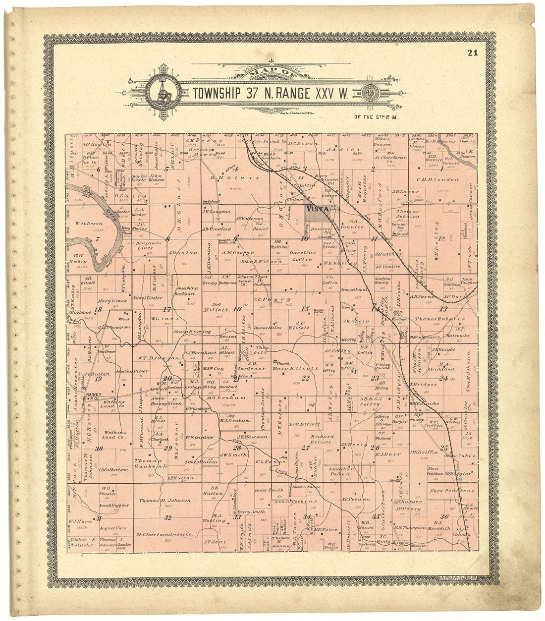 Map of Township 37 N. Range XXV W. from Standard Atlas of St. Clair County, Missouri : Including a Plat Book of the Villages, Cities and Townships of the County, Map of the State, United States and World, Patrons Directory, Reference … 1903 by Relic Map Company