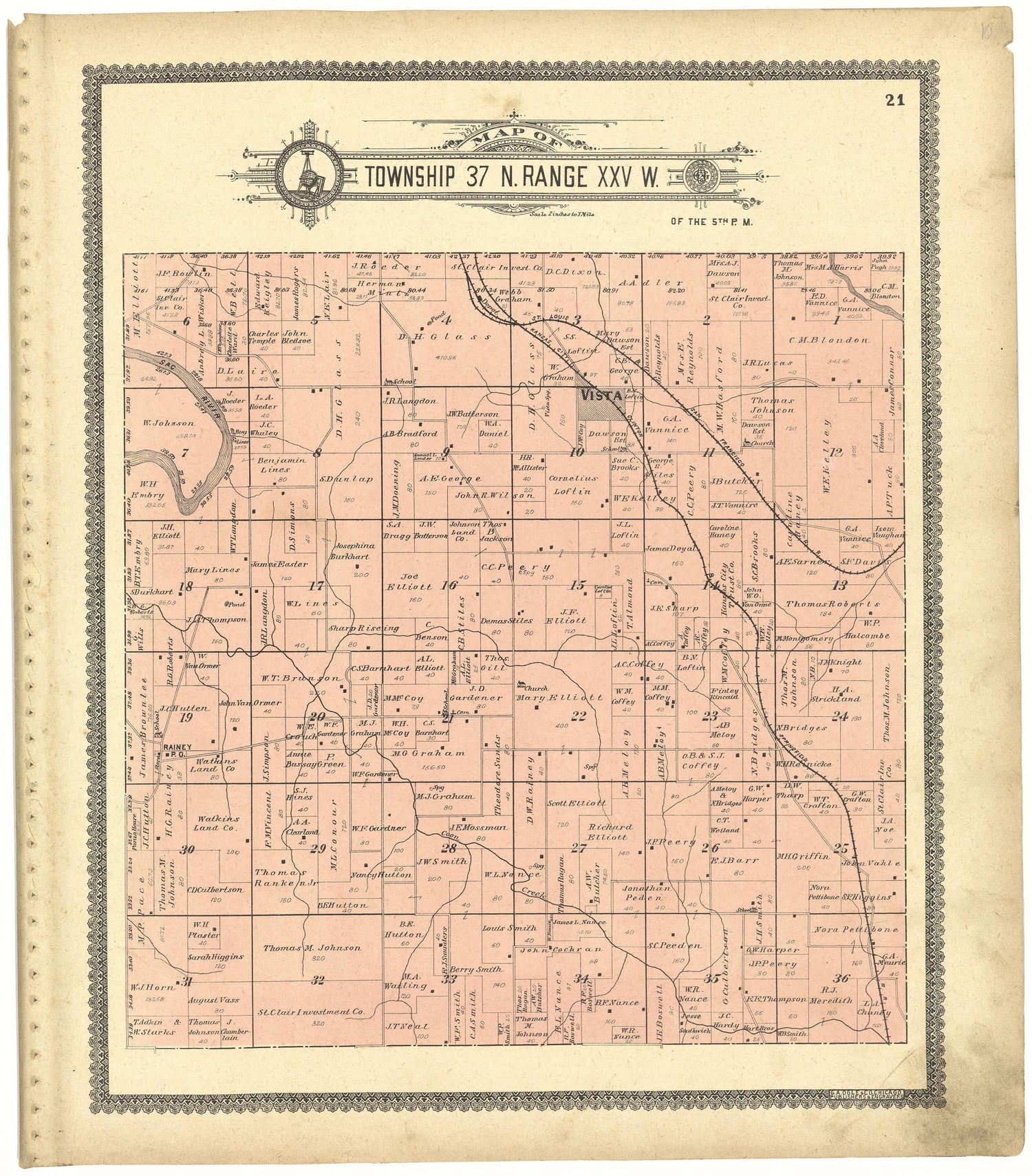 Map of Township 37 N. Range XXV W. from Standard Atlas of St. Clair County, Missouri : Including a Plat Book of the Villages, Cities and Townships of the County, Map of the State, United States and World, Patrons Directory, Reference … 1903 by Relic Map Company