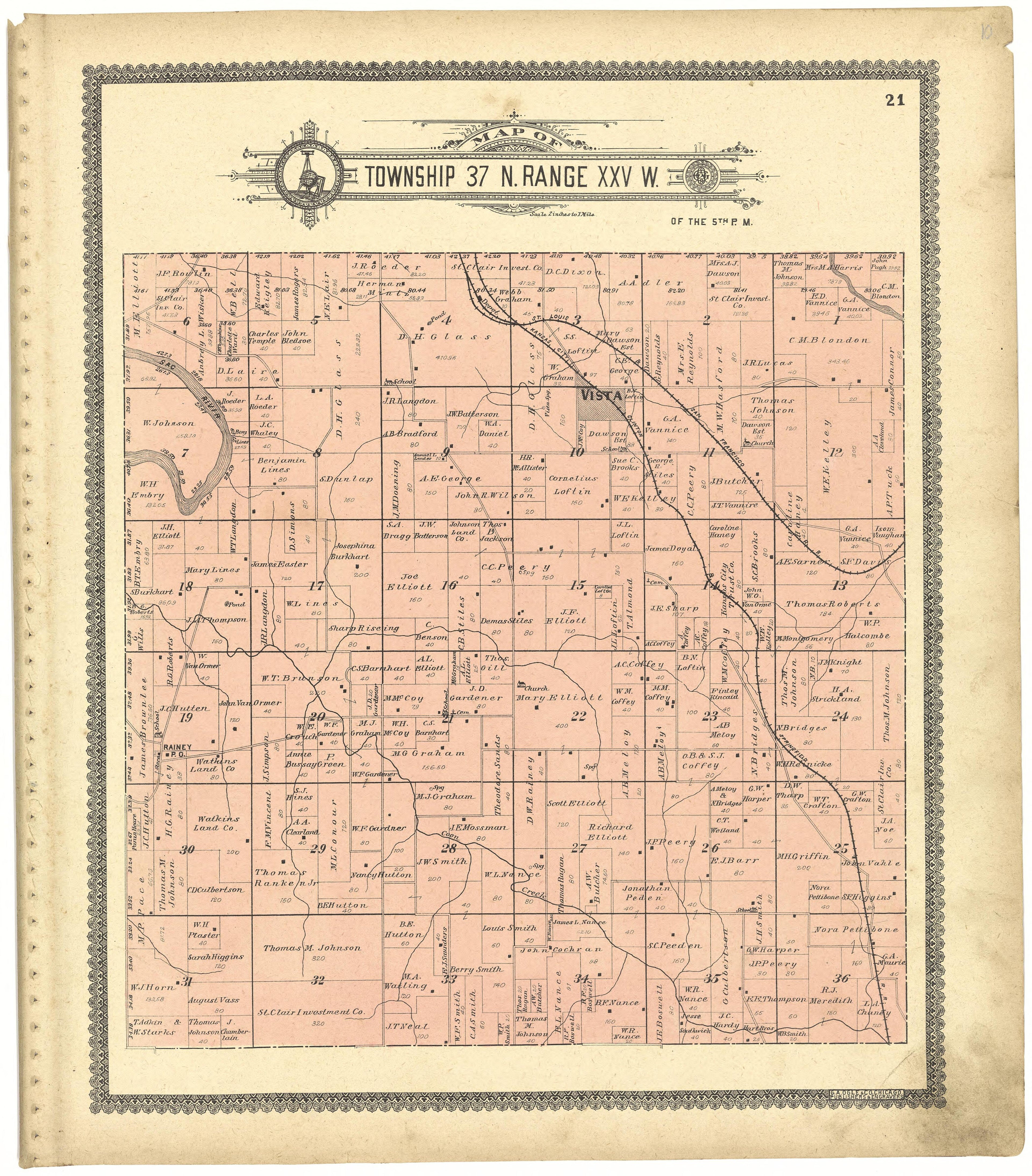 Map of Township 37 N. Range XXV W. from Standard Atlas of St. Clair County, Missouri : Including a Plat Book of the Villages, Cities and Townships of the County, Map of the State, United States and World, Patrons Directory, Reference … 1903 by Relic Map Company