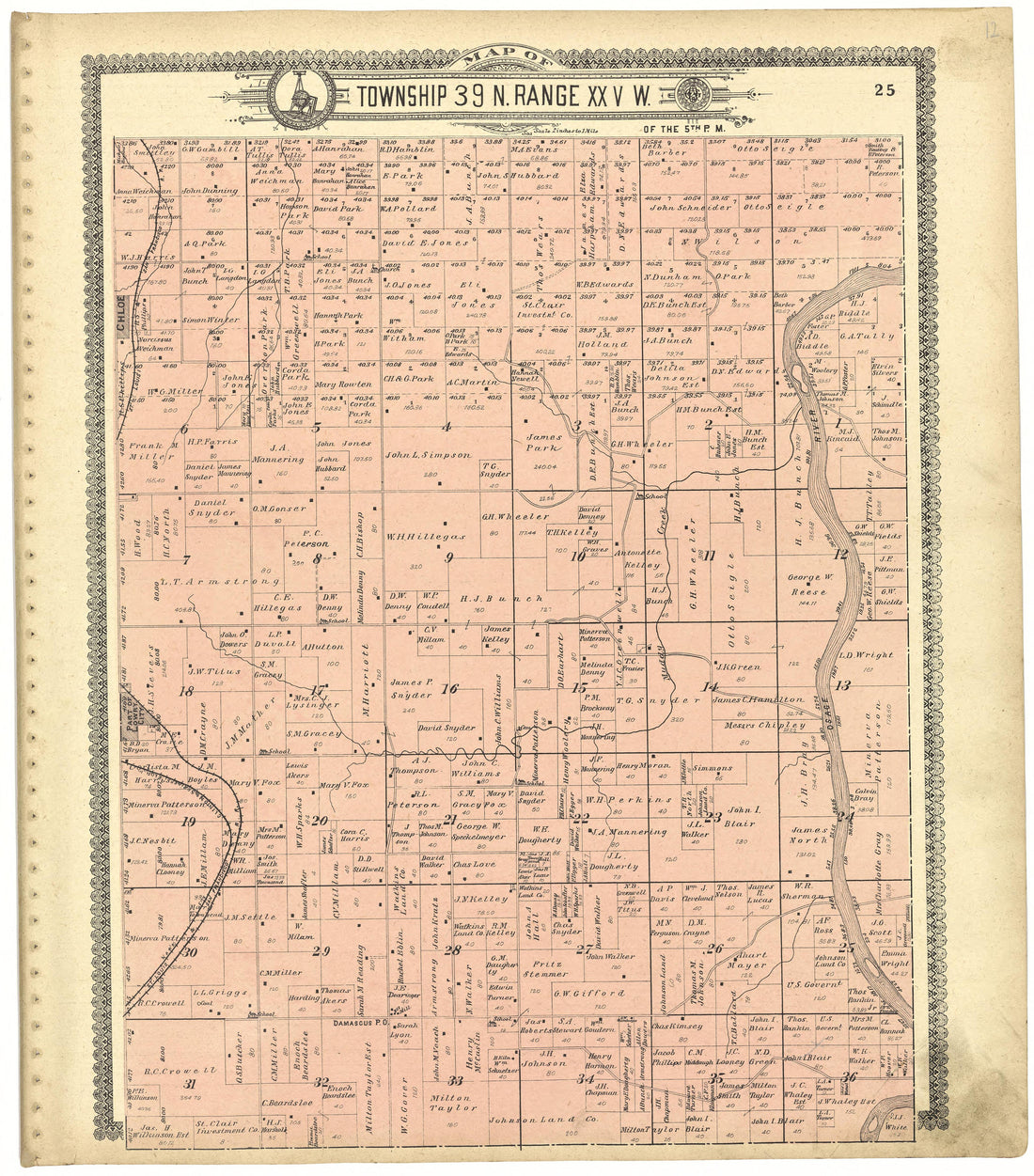 Map of Township 39 N. Range XXV W. from Standard Atlas of St. Clair County, Missouri : Including a Plat Book of the Villages, Cities and Townships of the County, Map of the State, United States and World, Patrons Directory, Reference … 1903 by Relic Map Company