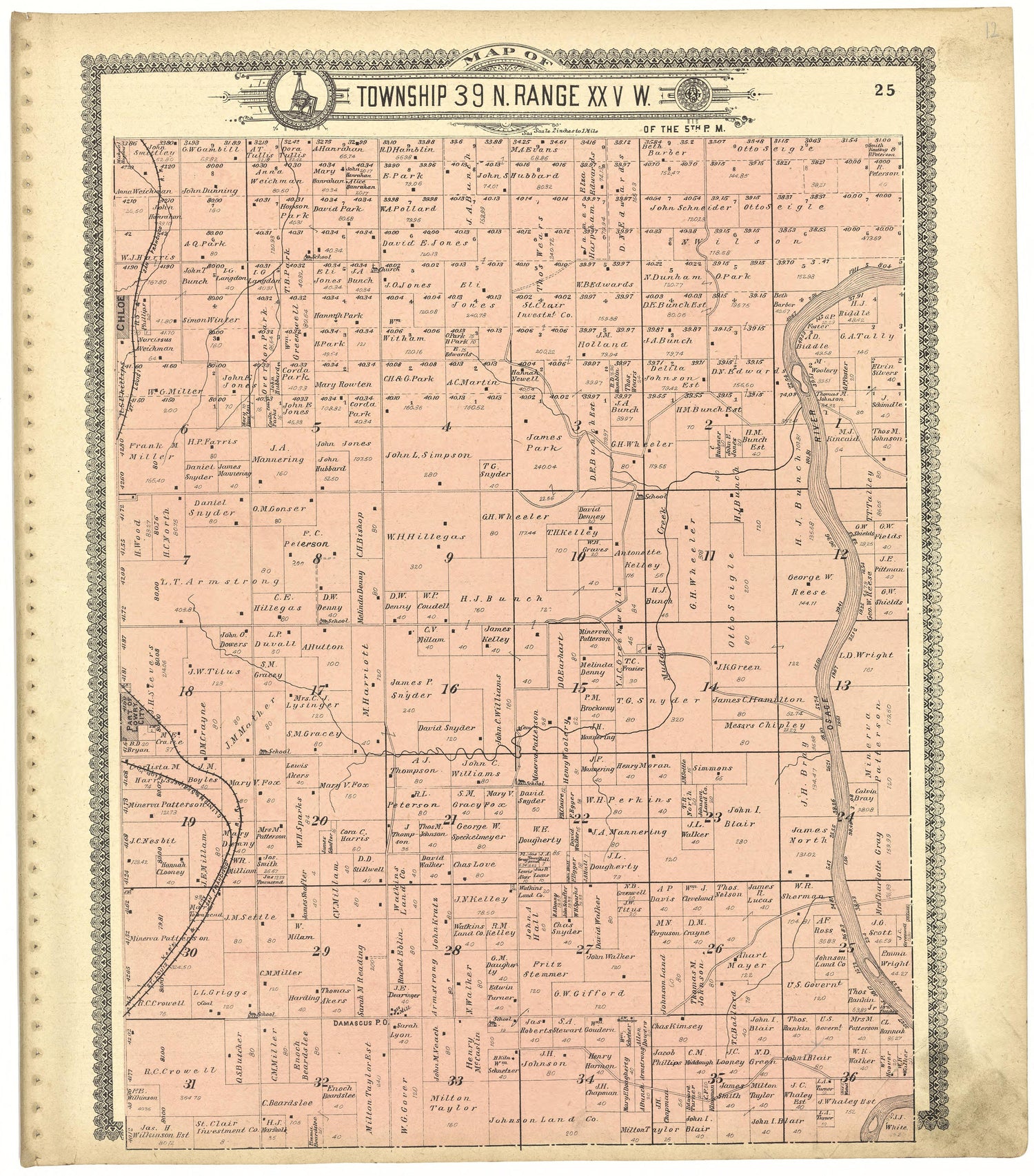 Map of Township 39 N. Range XXV W. from Standard Atlas of St. Clair County, Missouri : Including a Plat Book of the Villages, Cities and Townships of the County, Map of the State, United States and World, Patrons Directory, Reference … 1903 by Relic Map Company
