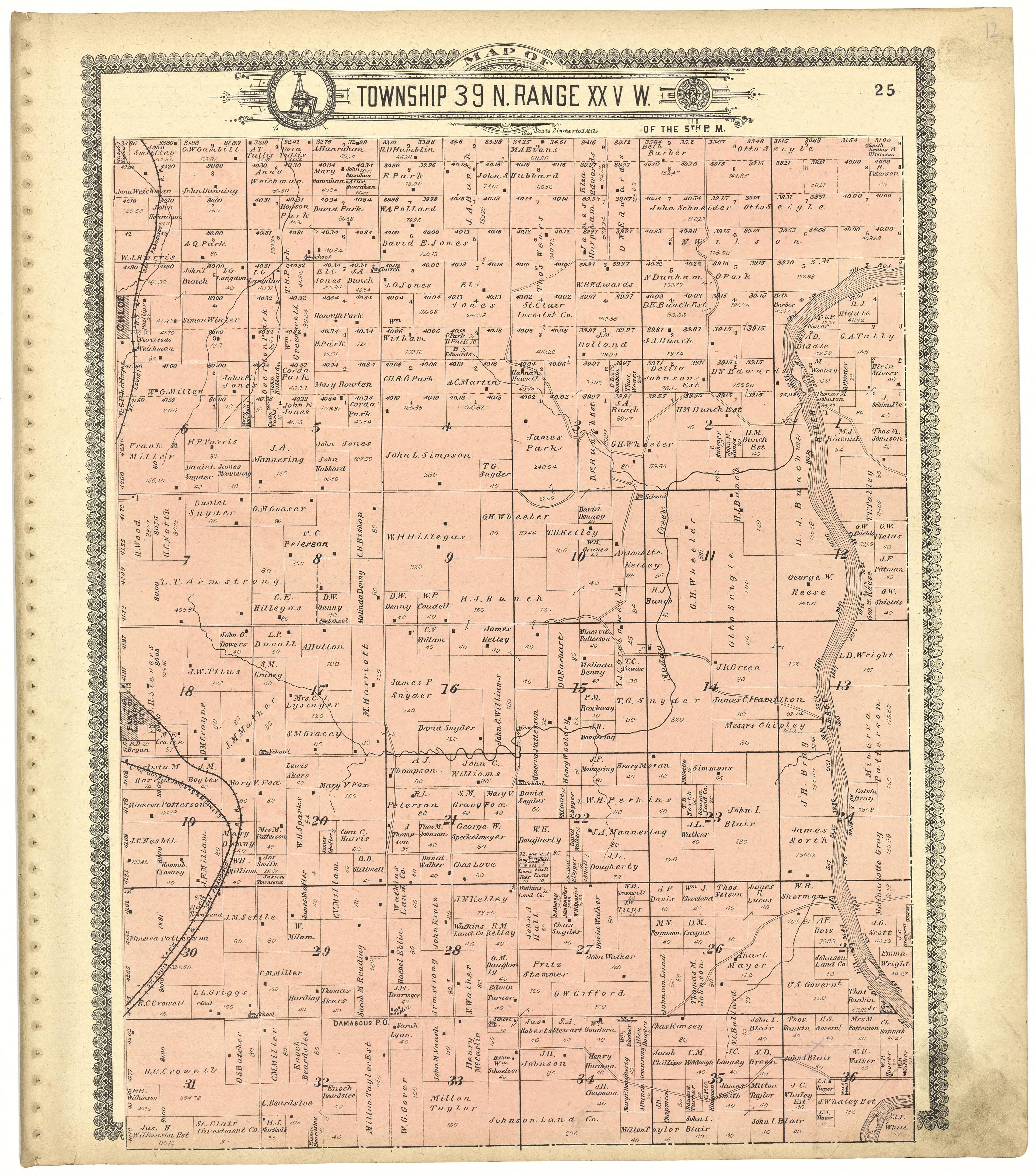 Map of Township 39 N. Range XXV W. from Standard Atlas of St. Clair County, Missouri : Including a Plat Book of the Villages, Cities and Townships of the County, Map of the State, United States and World, Patrons Directory, Reference … 1903 by Relic Map Company