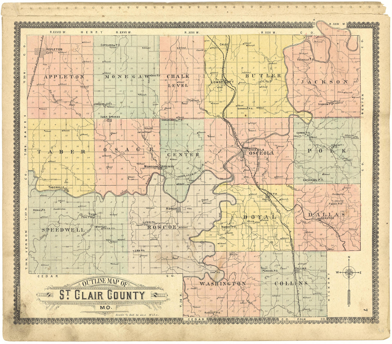 Outline Map of St. Clair County, Mo. from Standard Atlas of St. Clair County, Missouri : Including a Plat Book of the Villages, Cities and Townships of the County, Map of the State, United States and World, Patrons Directory, Reference … 1903 by Relic Map Company