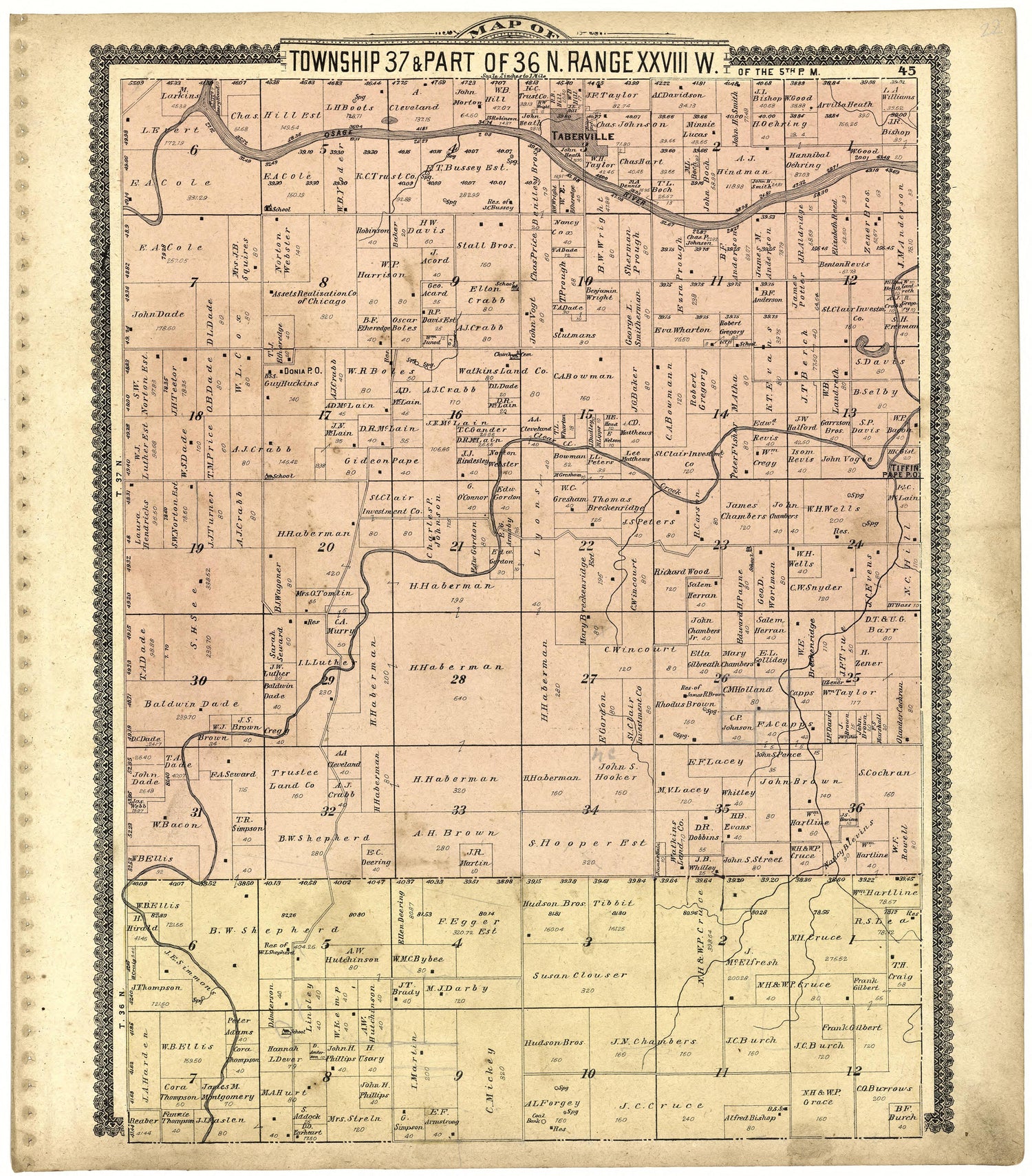 Map of Township 37 &amp; Part of 36 N. Range XXVIII W. from Standard Atlas of St. Clair County, Missouri : Including a Plat Book of the Villages, Cities and Townships of the County, Map of the State, United States and World, Patrons Directory, Reference �... by Relic Map Company