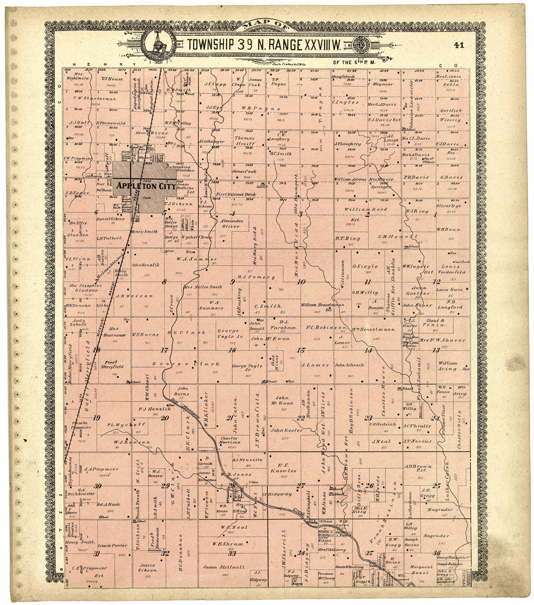 Map of Township 39 N. Range XXVIII W. from Standard Atlas of St. Clair County, Missouri : Including a Plat Book of the Villages, Cities and Townships of the County, Map of the State, United States and World, Patrons Directory, Reference … 1903 by Relic Map Company