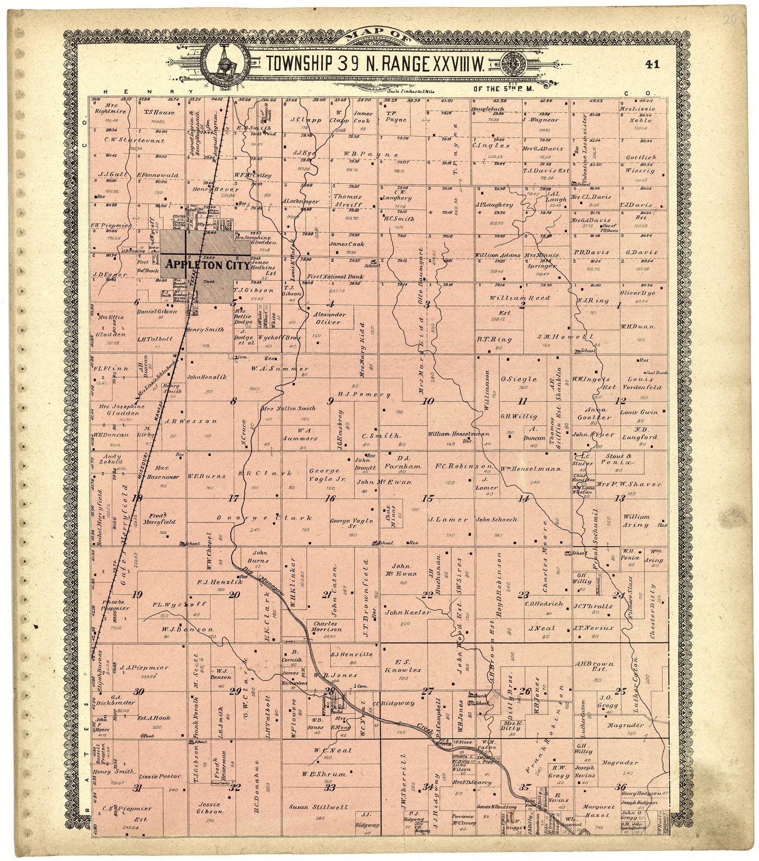 Map of Township 39 N. Range XXVIII W. from Standard Atlas of St. Clair County, Missouri : Including a Plat Book of the Villages, Cities and Townships of the County, Map of the State, United States and World, Patrons Directory, Reference … 1903 by Relic Map Company