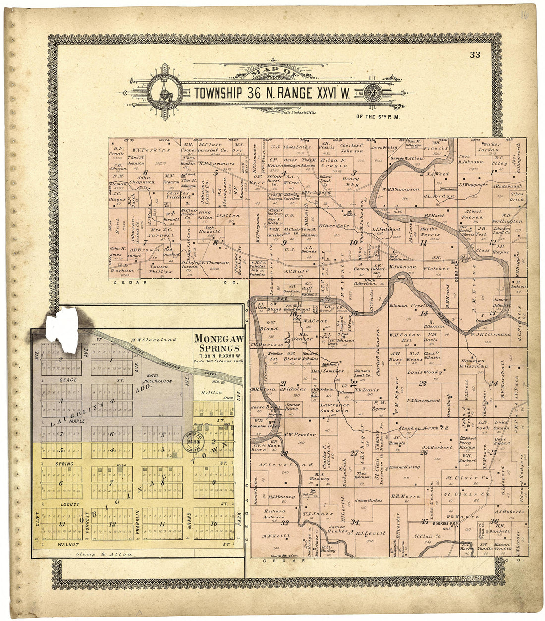 Map of Township 36 N. Range XXVI W. from Standard Atlas of St. Clair County, Missouri : Including a Plat Book of the Villages, Cities and Townships of the County, Map of the State, United States and World, Patrons Directory, Reference … 1903 by Relic Map Company