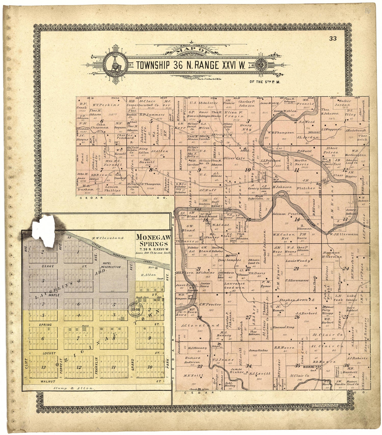 Map of Township 36 N. Range XXVI W. from Standard Atlas of St. Clair County, Missouri : Including a Plat Book of the Villages, Cities and Townships of the County, Map of the State, United States and World, Patrons Directory, Reference … 1903 by Relic Map Company