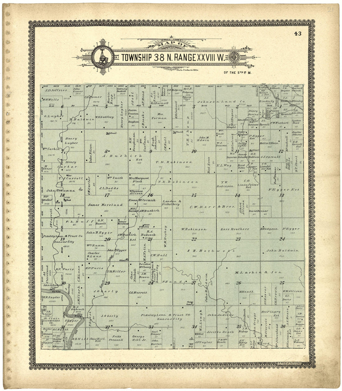 Map of Township 38 N. Range XXVIII W. from Standard Atlas of St. Clair County, Missouri : Including a Plat Book of the Villages, Cities and Townships of the County, Map of the State, United States and World, Patrons Directory, Reference … 1903 by Relic Map Company