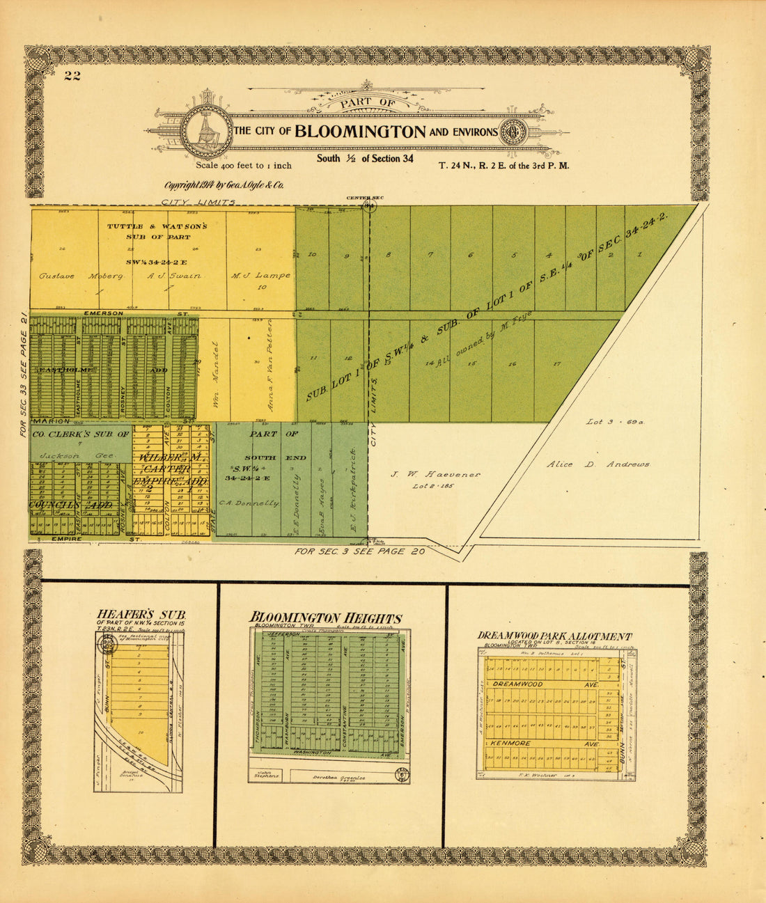 Bloomington and Environs: Section 34 from Standard Atlas of McLean County, Illinois, Including a Plat Book of the Villages, Cities and Townships of the County 1914 by Relic Map Company