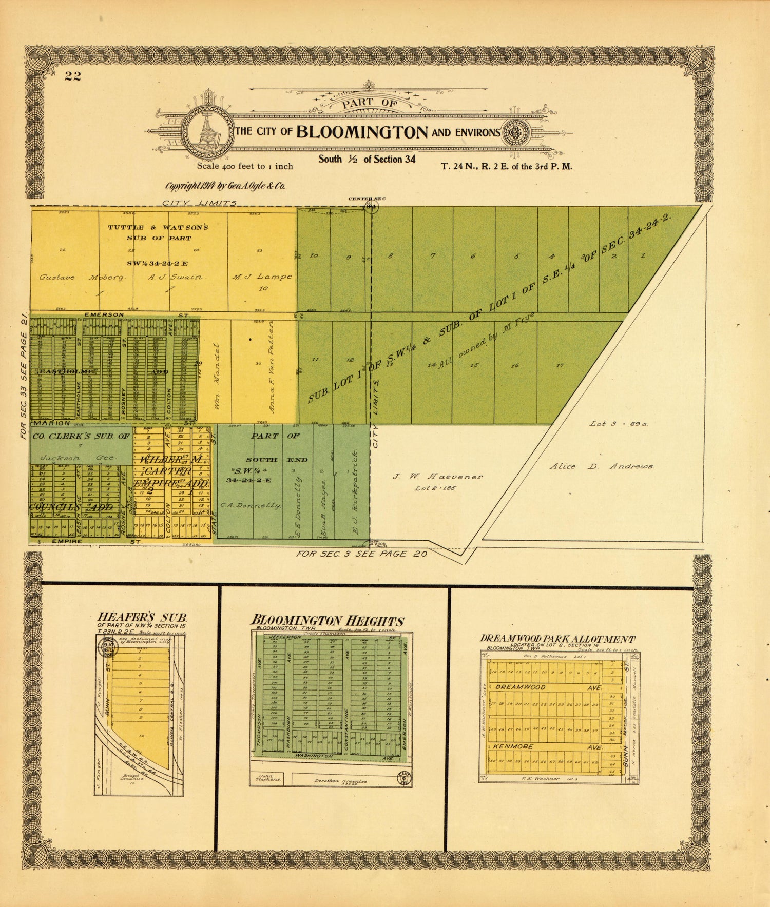 Bloomington and Environs: Section 34 from Standard Atlas of McLean County, Illinois, Including a Plat Book of the Villages, Cities and Townships of the County 1914 by Relic Map Company
