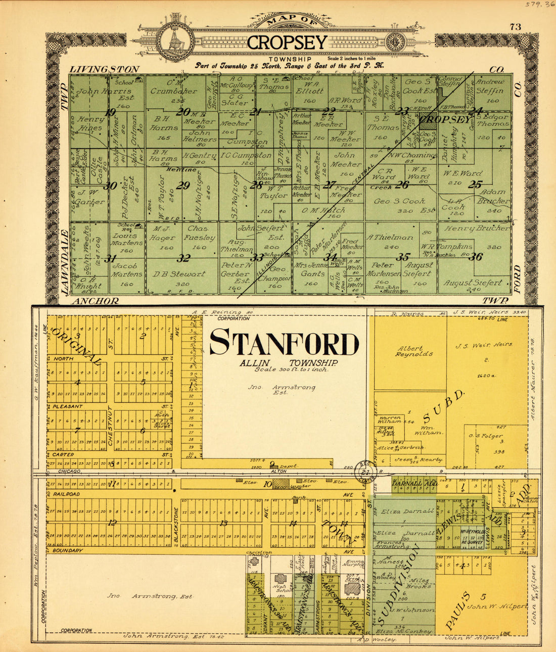 Cropsley, Stanford from Standard Atlas of McLean County, Illinois, Including a Plat Book of the Villages, Cities and Townships of the County 1914 by Relic Map Company