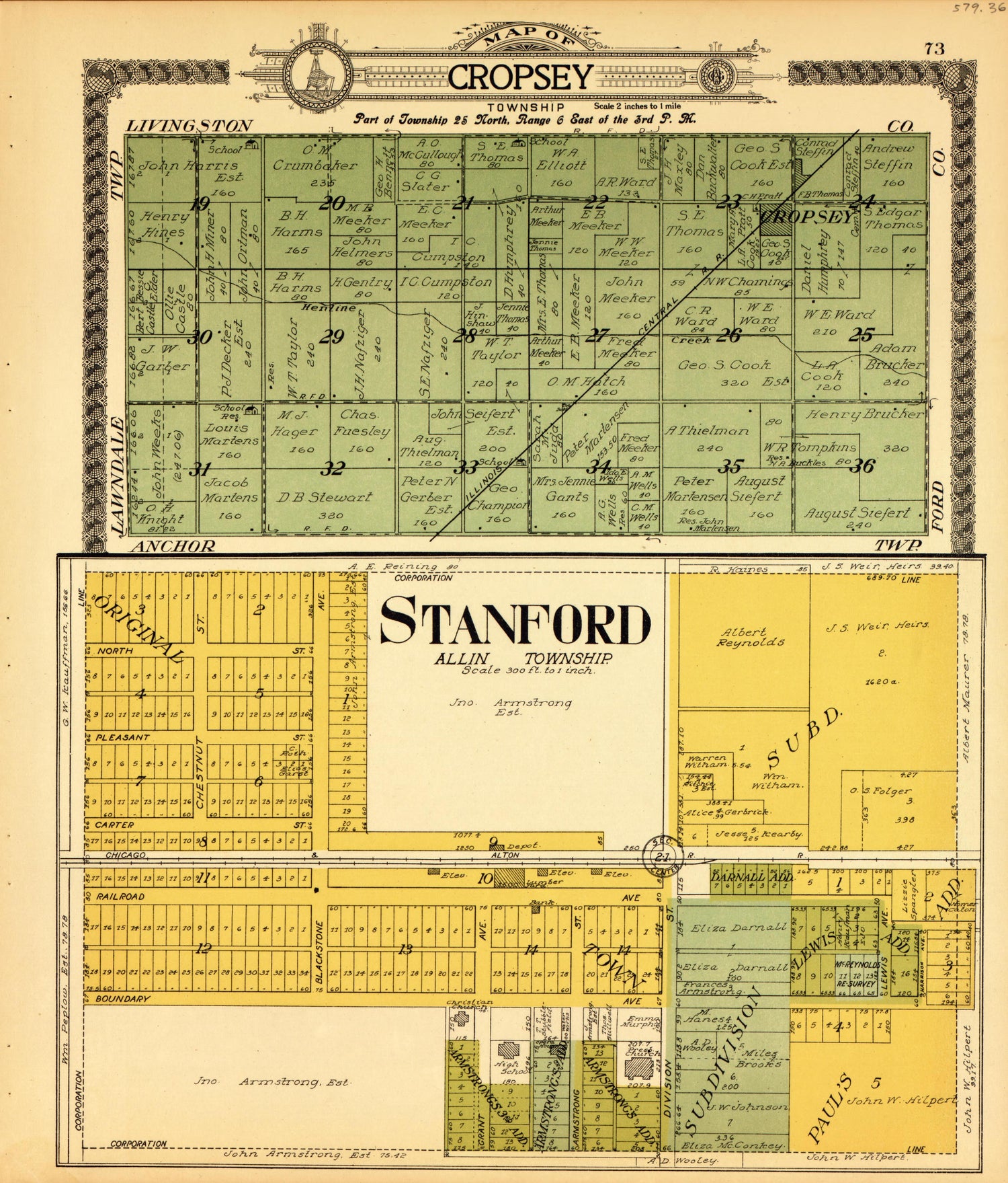 Cropsley, Stanford from Standard Atlas of McLean County, Illinois, Including a Plat Book of the Villages, Cities and Townships of the County 1914 by Relic Map Company