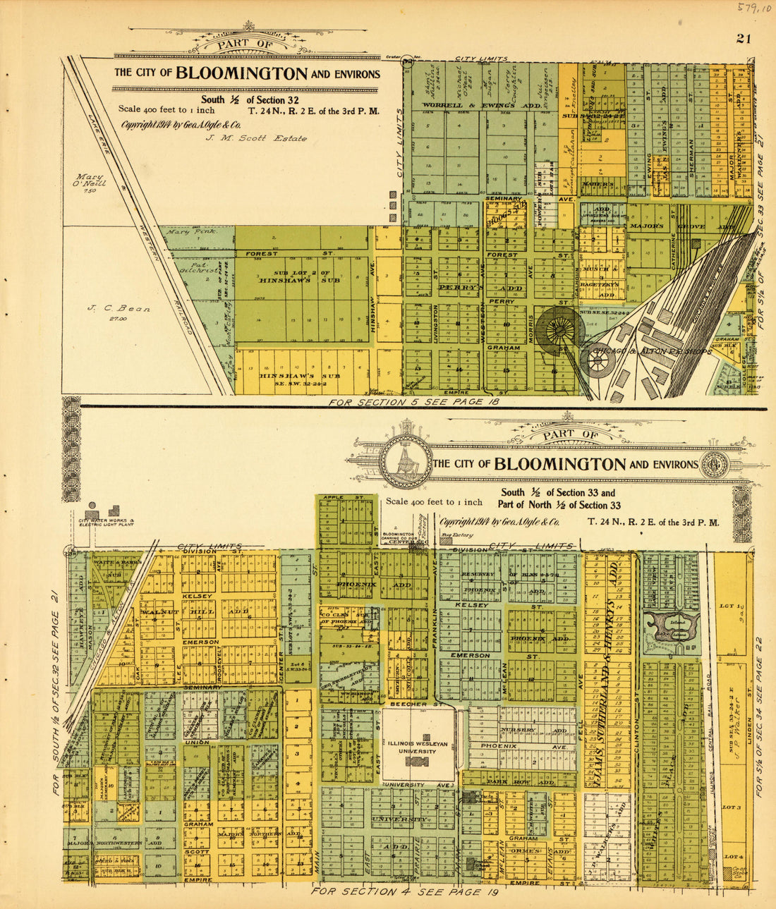 Bloomington and Environs: Sections 32-33 from Standard Atlas of McLean County, Illinois, Including a Plat Book of the Villages, Cities and Townships of the County 1914 by Relic Map Company