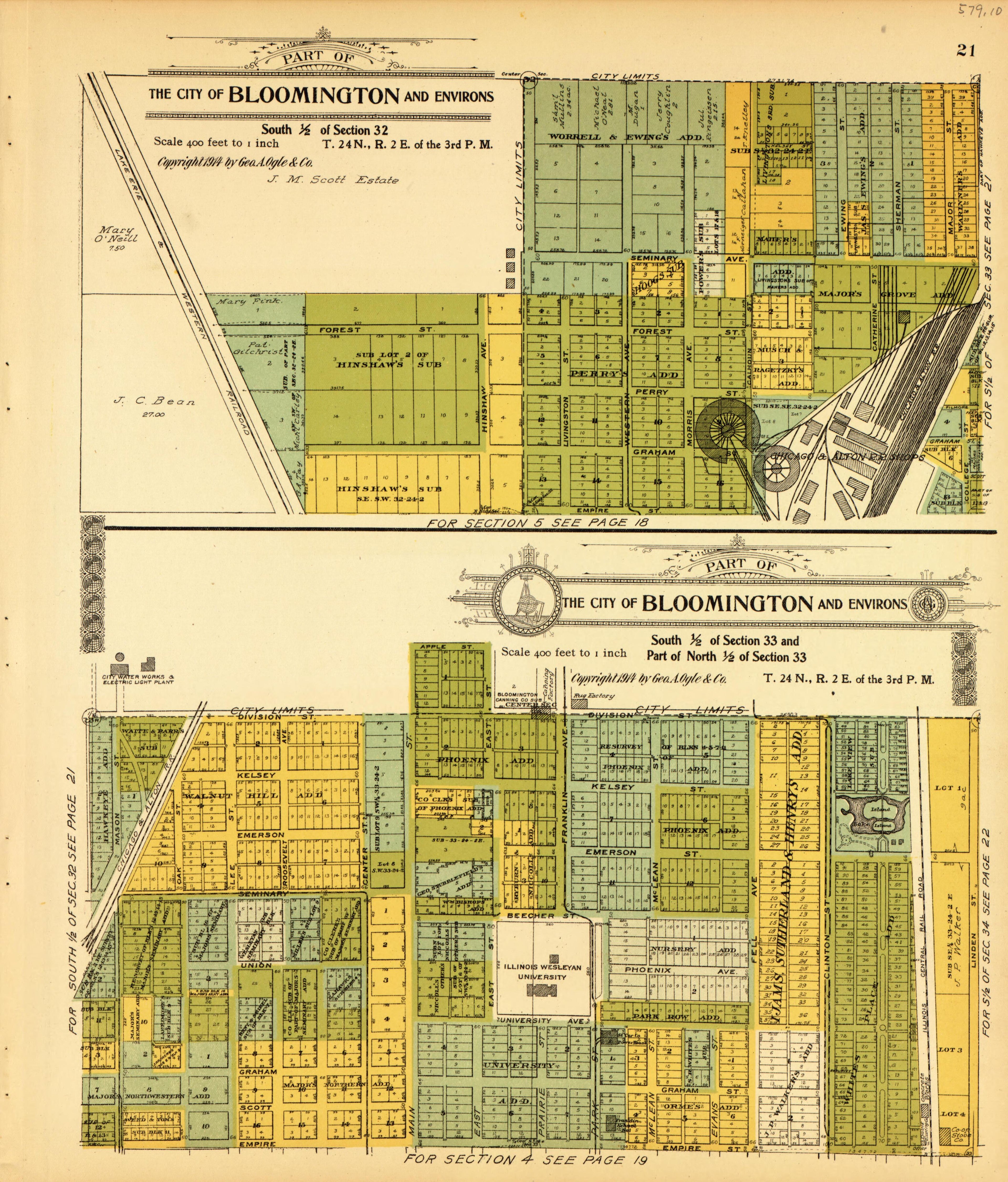Bloomington and Environs: Sections 32-33 from Standard Atlas of McLean County, Illinois, Including a Plat Book of the Villages, Cities and Townships of the County 1914 by Relic Map Company