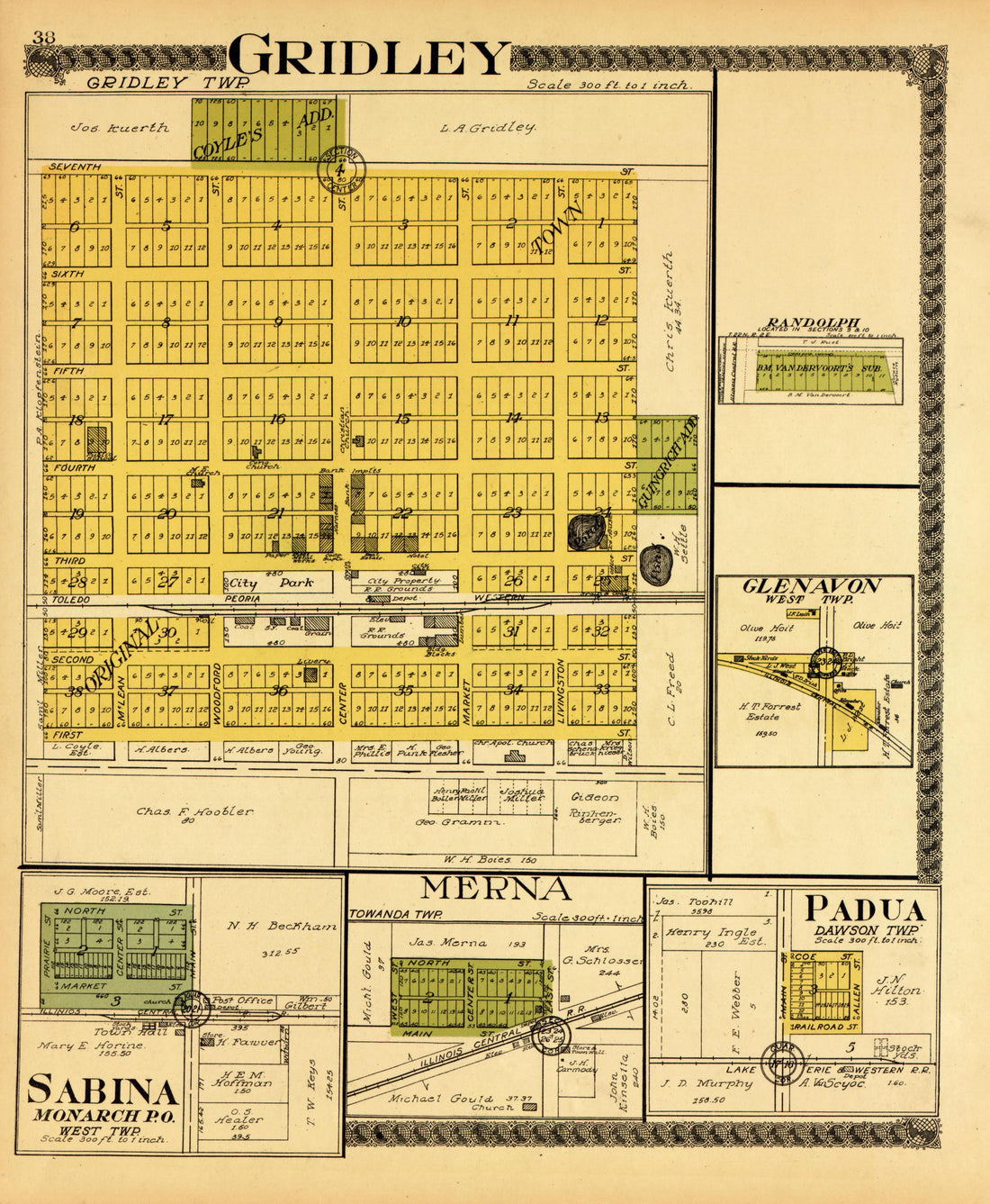 Gridley, Sabina, Padua from Standard Atlas of McLean County, Illinois, Including a Plat Book of the Villages, Cities and Townships of the County 1914 by Relic Map Company