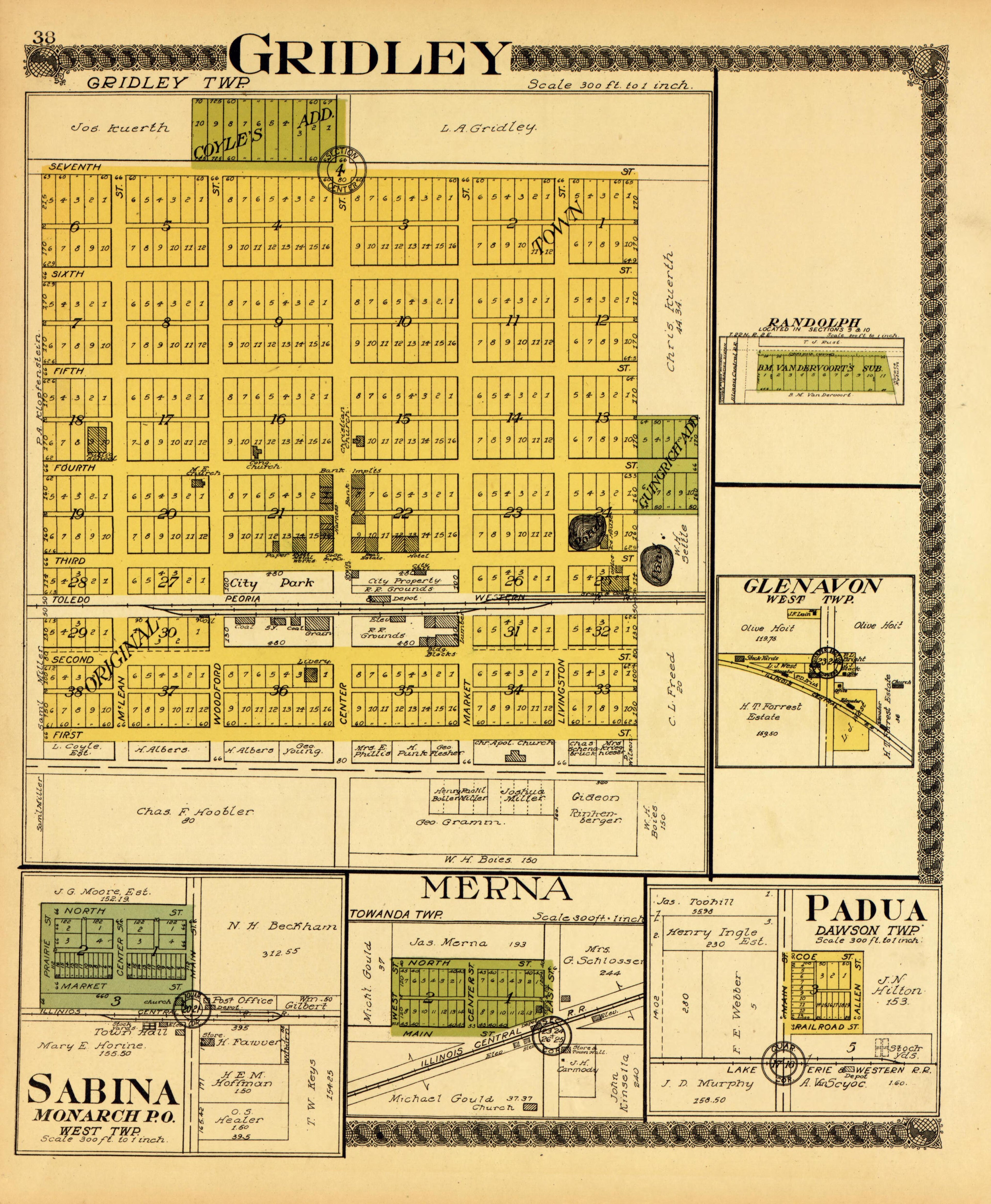 Gridley, Sabina, Padua from Standard Atlas of McLean County, Illinois, Including a Plat Book of the Villages, Cities and Townships of the County 1914 by Relic Map Company