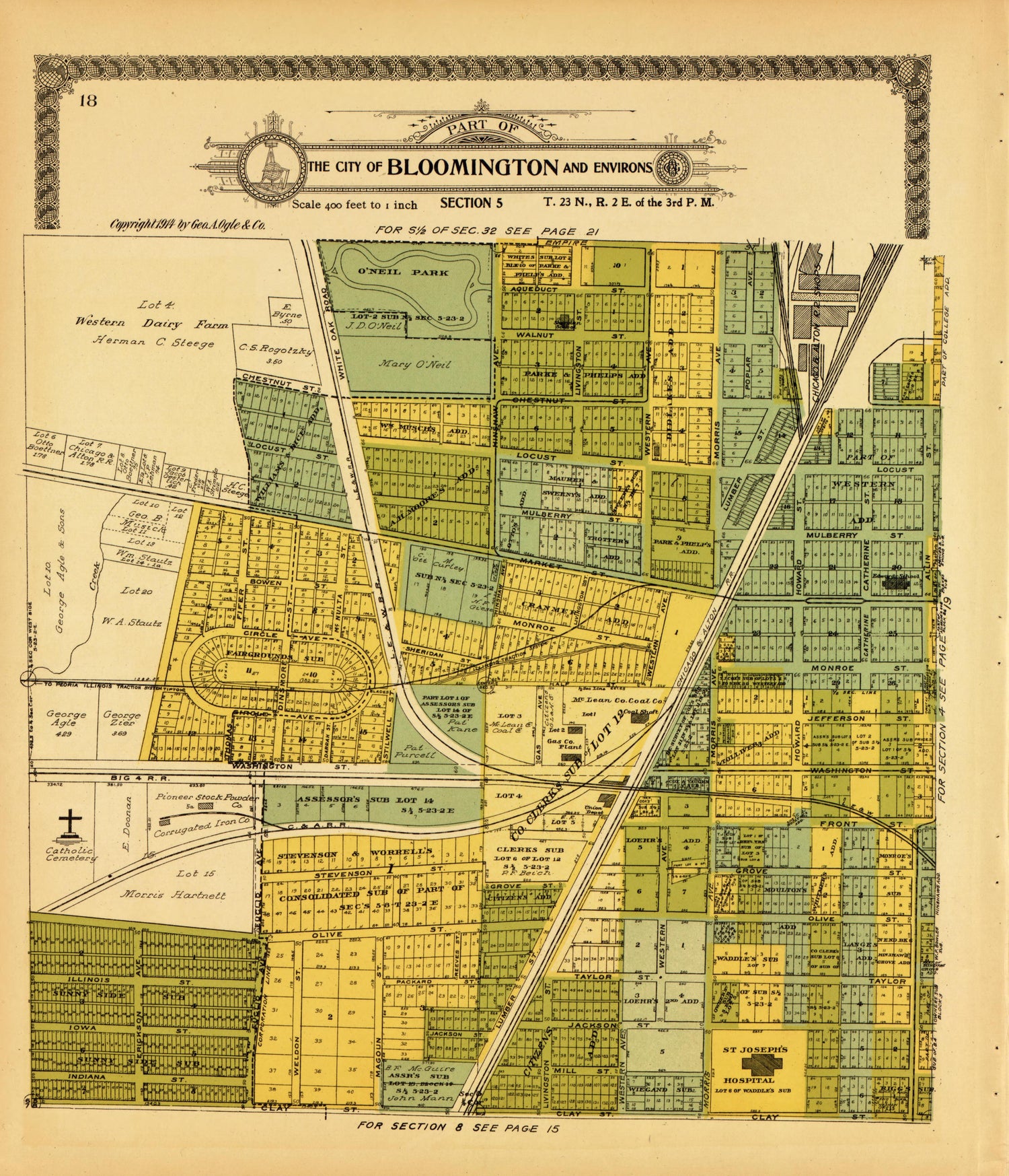 Bloomington and Environs: Section 5 from Standard Atlas of McLean County, Illinois, Including a Plat Book of the Villages, Cities and Townships of the County 1914 by Relic Map Company