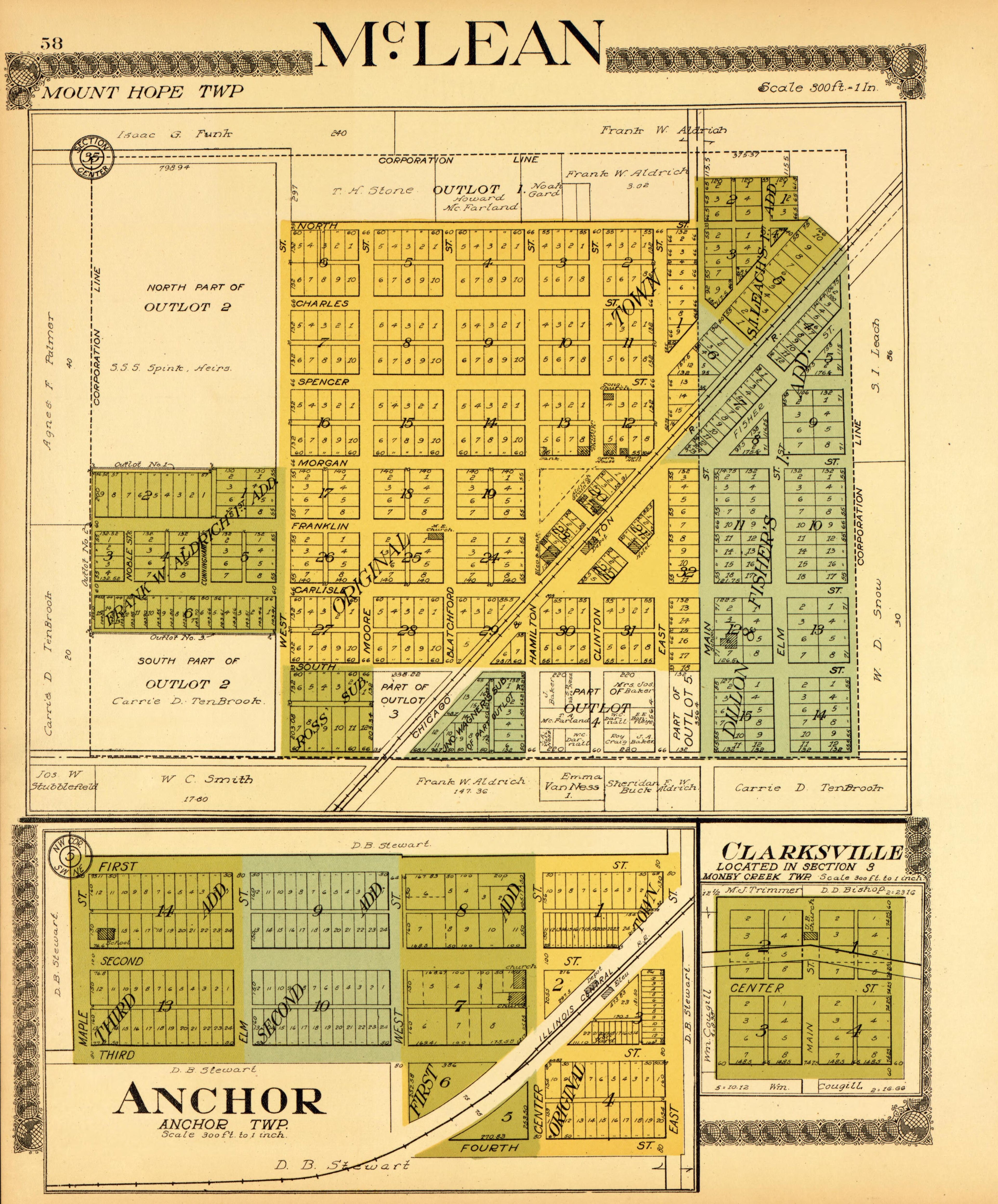 McLean, Anchor, Clarksville from Standard Atlas of McLean County, Illinois, Including a Plat Book of the Villages, Cities and Townships of the County 1914 by Relic Map Company