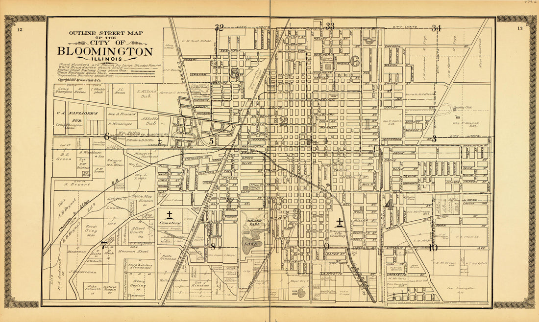 Bloomington from Standard Atlas of McLean County, Illinois, Including a Plat Book of the Villages, Cities and Townships of the County 1914 by Relic Map Company
