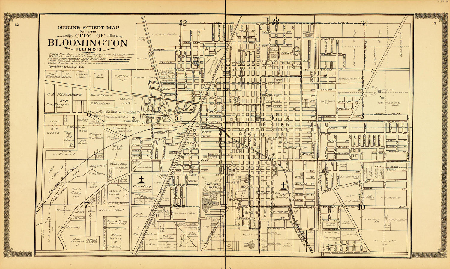 Bloomington from Standard Atlas of McLean County, Illinois, Including a Plat Book of the Villages, Cities and Townships of the County 1914 by Relic Map Company