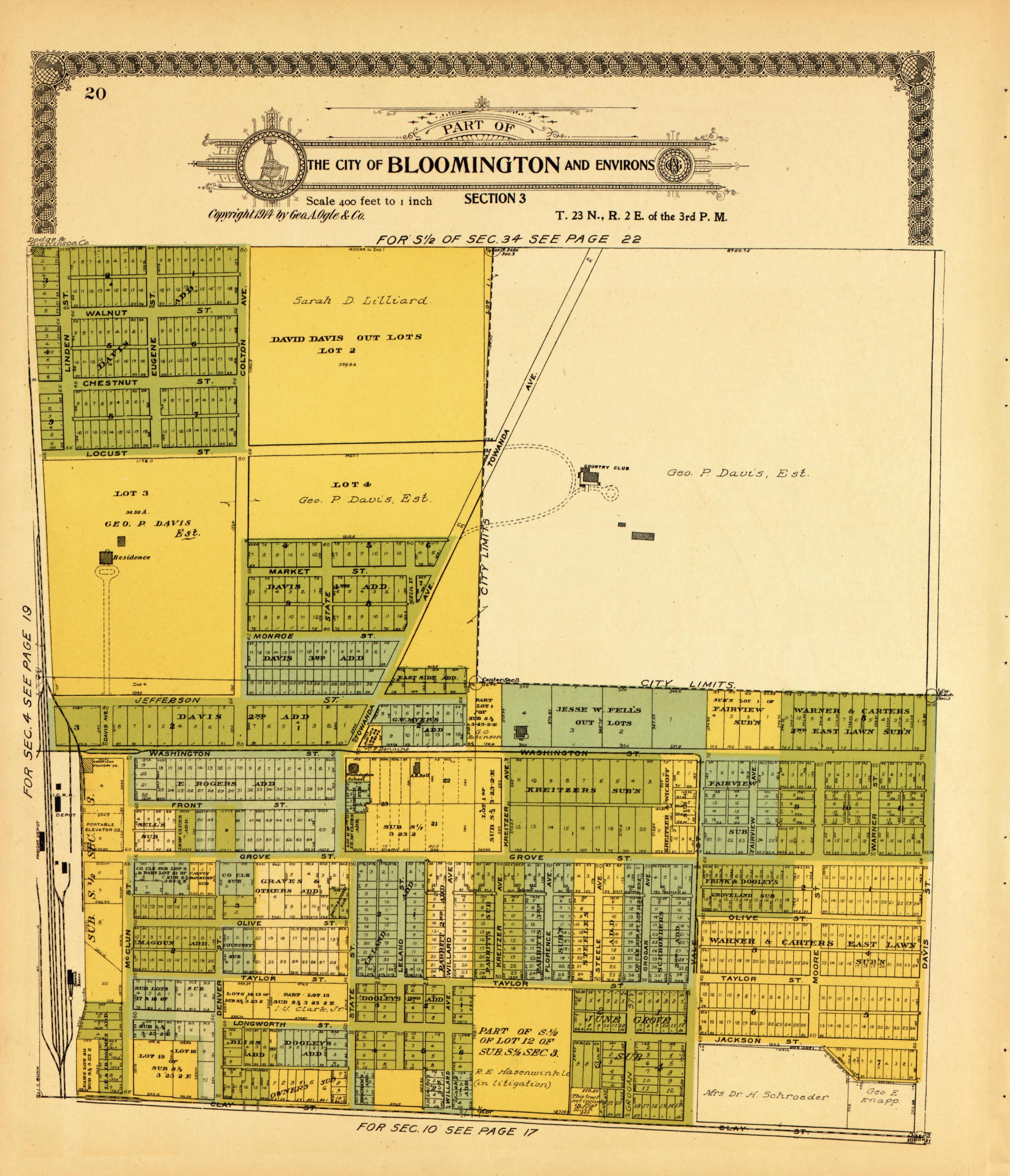 Bloomington and Environs: Section 3 from Standard Atlas of McLean County, Illinois, Including a Plat Book of the Villages, Cities and Townships of the County 1914 by Relic Map Company