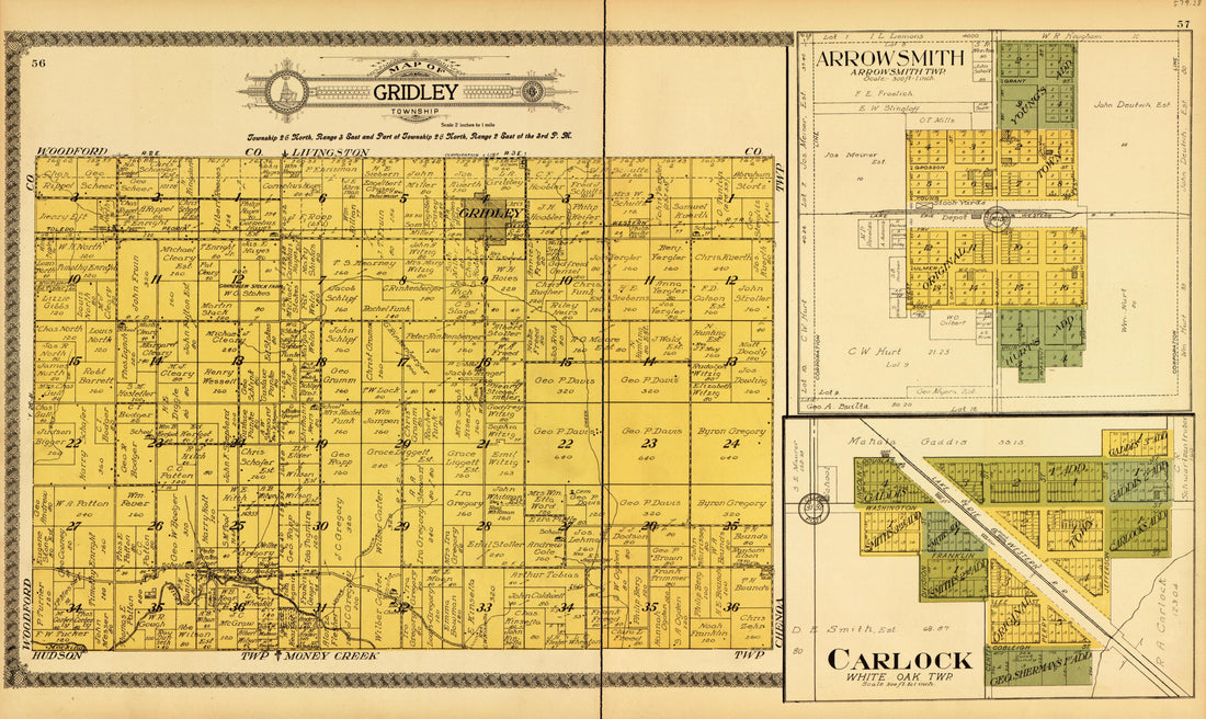 Gridley, Arrowsmith, Carlock from Standard Atlas of McLean County, Illinois, Including a Plat Book of the Villages, Cities and Townships of the County 1914 by Relic Map Company
