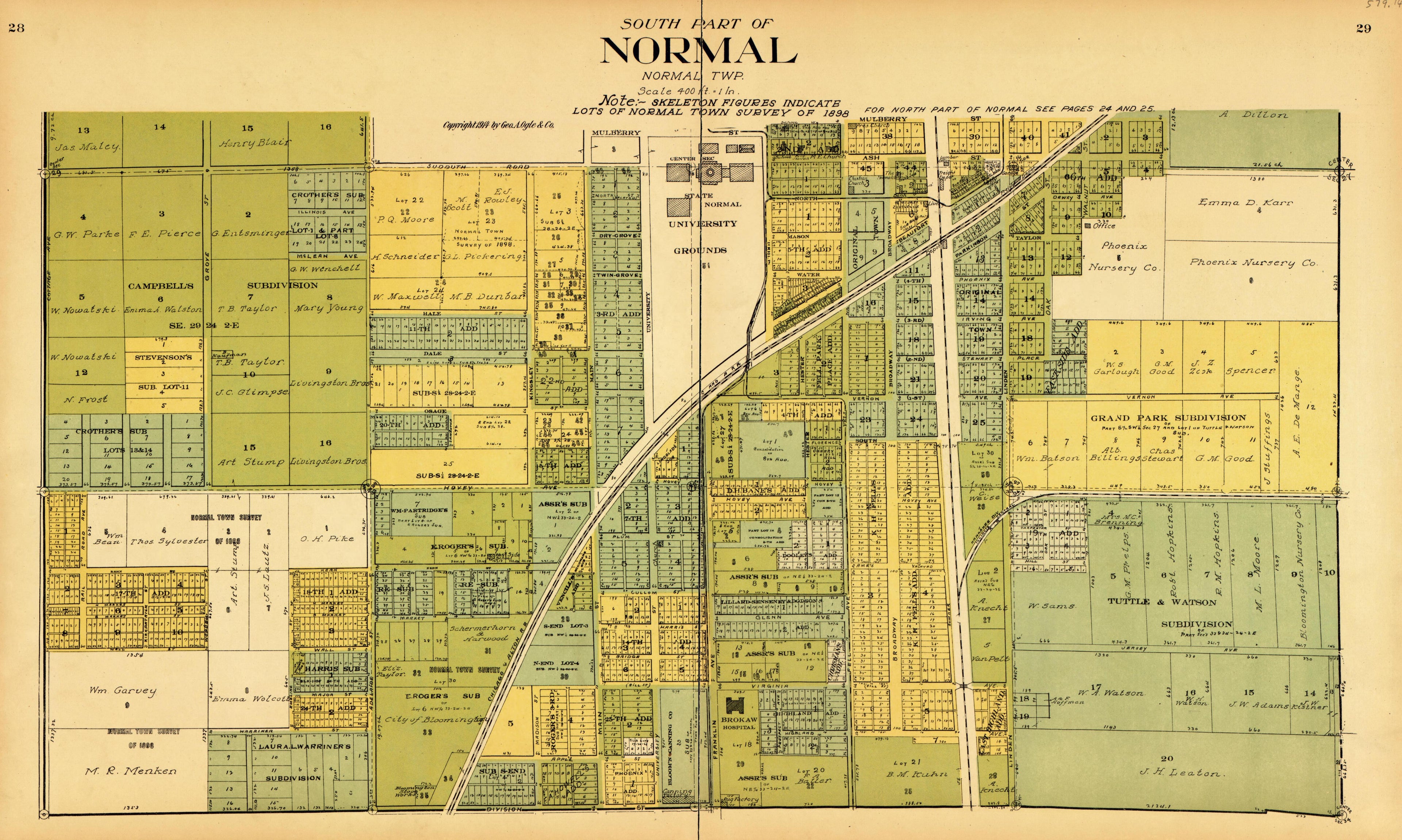 South Part of Normal from Standard Atlas of McLean County, Illinois, Including a Plat Book of the Villages, Cities and Townships of the County 1914 by Relic Map Company