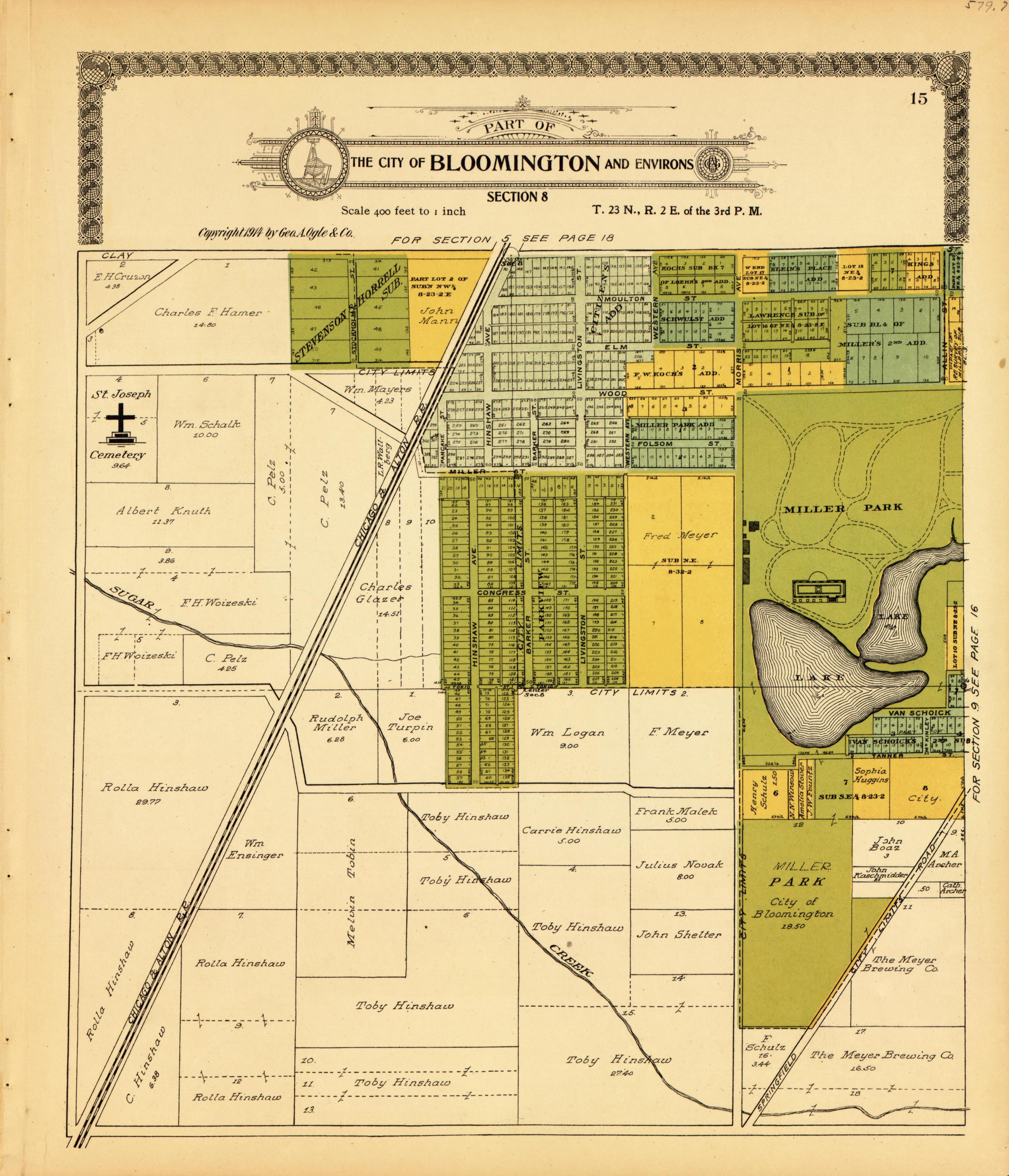 Bloomington and Environs: Section 8 from Standard Atlas of McLean County, Illinois, Including a Plat Book of the Villages, Cities and Townships of the County 1914 by Relic Map Company