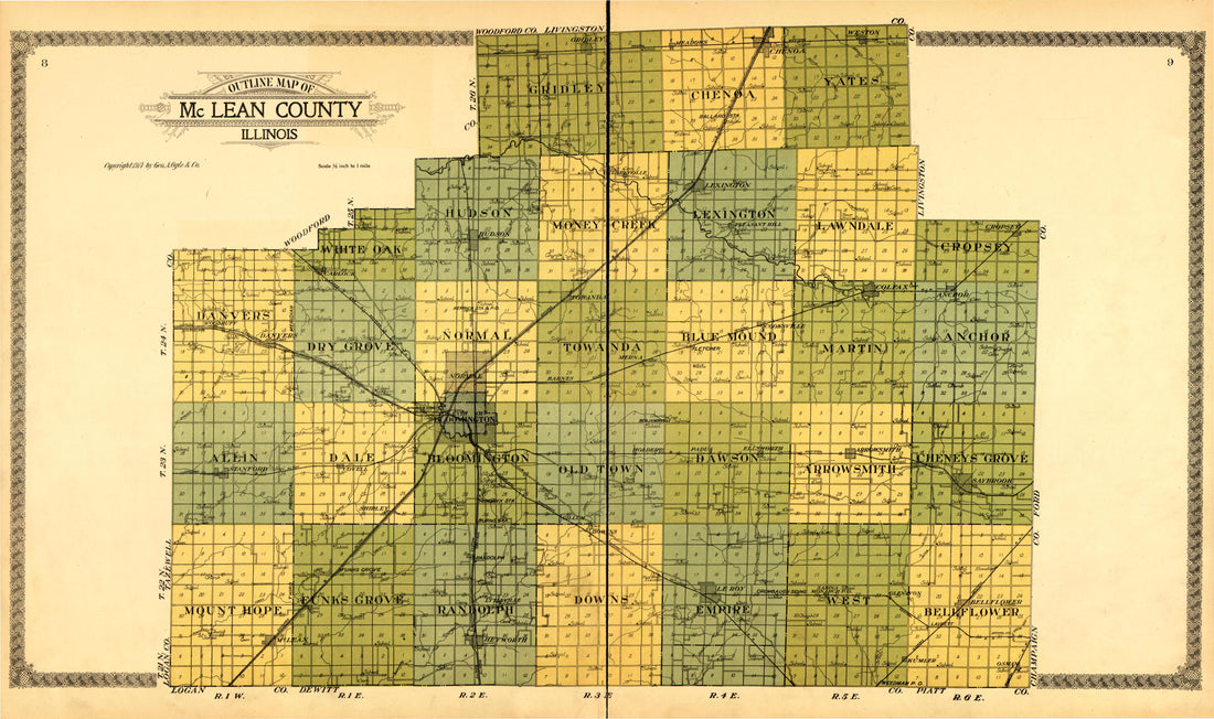 Outline Map of McLean County Illinois from Standard Atlas of McLean County, Illinois, Including a Plat Book of the Villages, Cities and Townships of the County 1914 by Relic Map Company