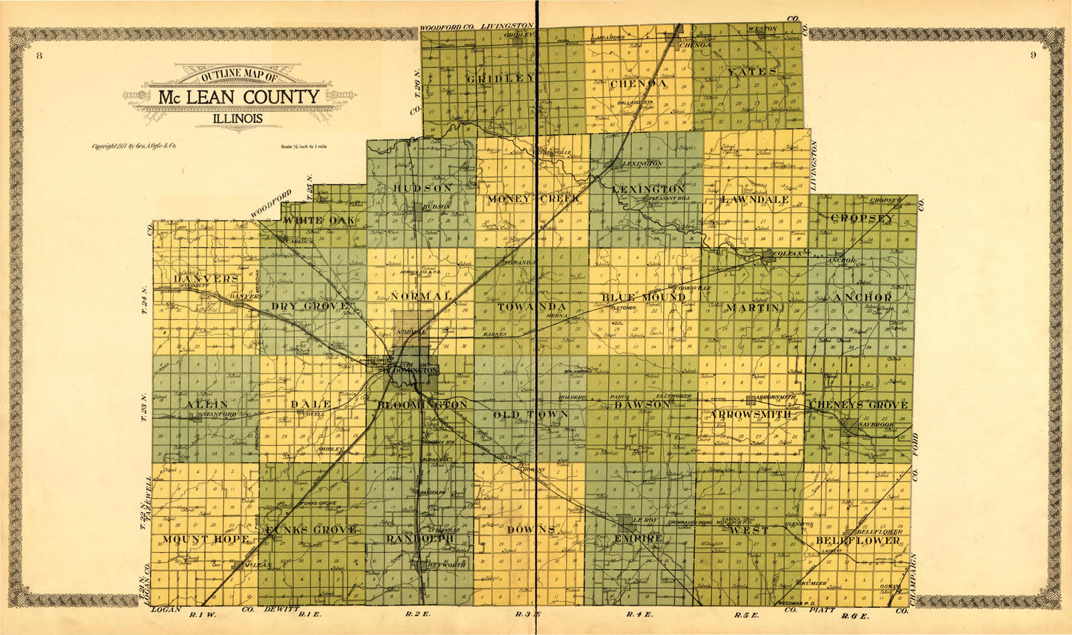 Outline Map of McLean County Illinois from Standard Atlas of McLean County, Illinois, Including a Plat Book of the Villages, Cities and Townships of the County 1914 by Relic Map Company