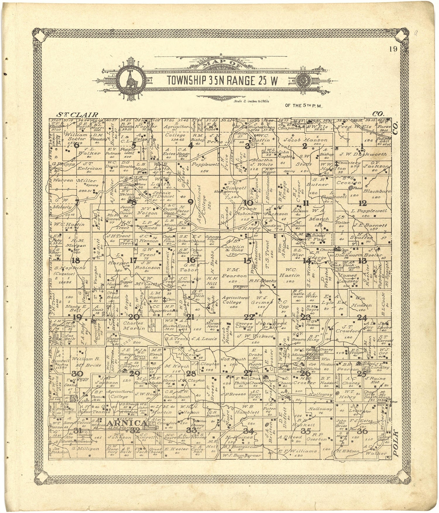 Map of Township 35 N Range 25 W from Standard Atlas of Cedar County, Missouri : Including a Plat Book of the Villages, Cities and Townships of the County, Map of the State, United States and World, Patrons Directory, Reference Business … 1908 by Relic Map Company