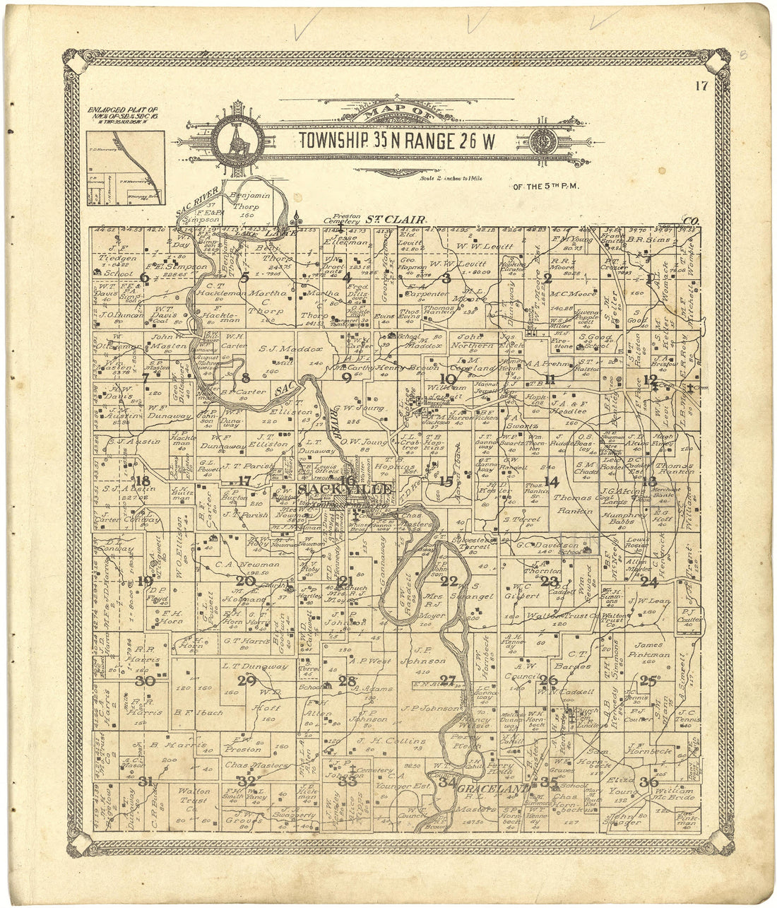 Map of Township 35 N Range 26 W from Standard Atlas of Cedar County, Missouri : Including a Plat Book of the Villages, Cities and Townships of the County, Map of the State, United States and World, Patrons Directory, Reference Business … 1908 by Relic Map Company