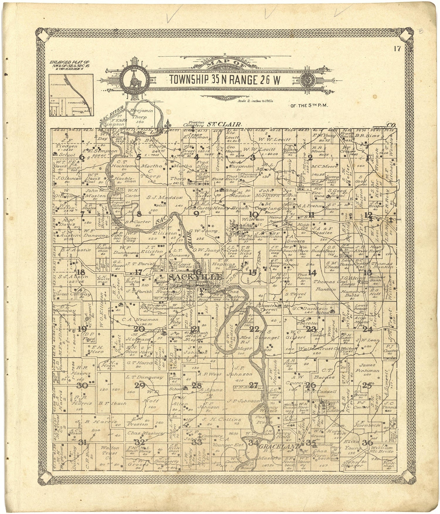 Map of Township 35 N Range 26 W from Standard Atlas of Cedar County, Missouri : Including a Plat Book of the Villages, Cities and Townships of the County, Map of the State, United States and World, Patrons Directory, Reference Business … 1908 by Relic Map Company