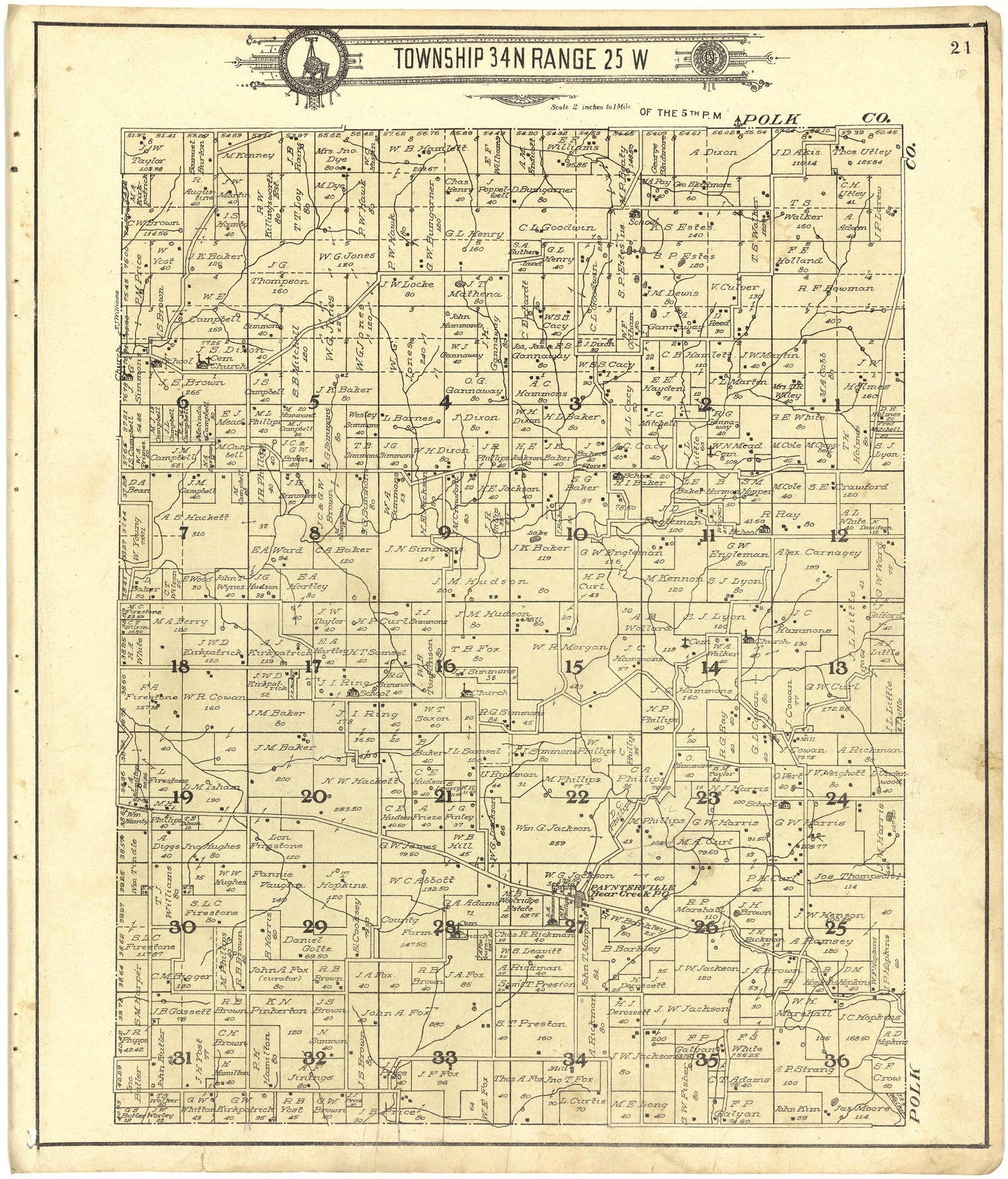 Map of Township 34 N Range 25 W from Standard Atlas of Cedar County, Missouri : Including a Plat Book of the Villages, Cities and Townships of the County, Map of the State, United States and World, Patrons Directory, Reference Business … 1908 by Relic Map Company