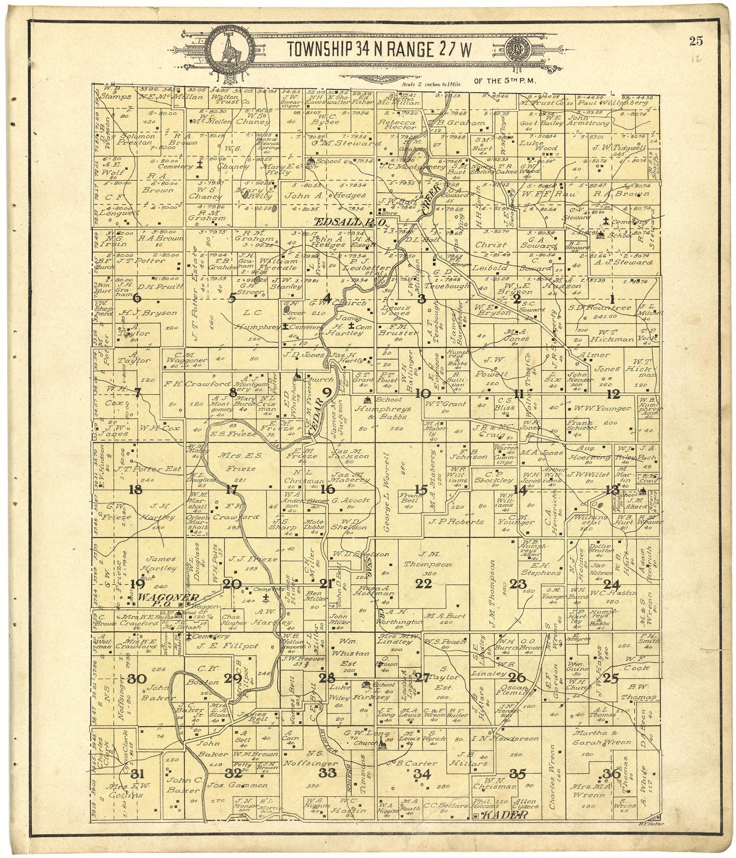Map of Township 34 N Range 27 W from Standard Atlas of Cedar County, Missouri : Including a Plat Book of the Villages, Cities and Townships of the County, Map of the State, United States and World, Patrons Directory, Reference Business … 1908 by Relic Map Company
