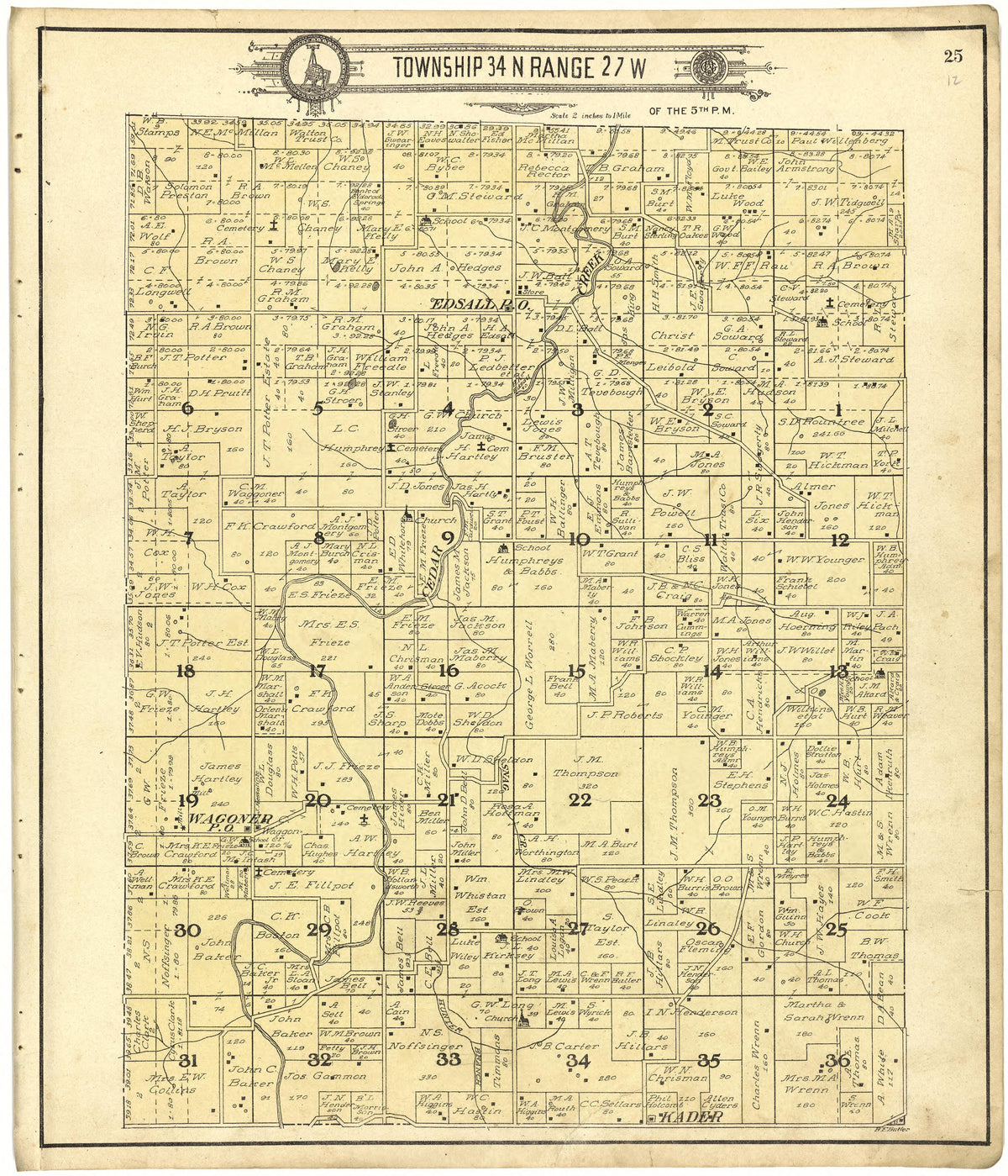 Map of Township 34 N Range 27 W from Standard Atlas of Cedar County, Missouri : Including a Plat Book of the Villages, Cities and Townships of the County, Map of the State, United States and World, Patrons Directory, Reference Business … 1908 by Relic Map Company