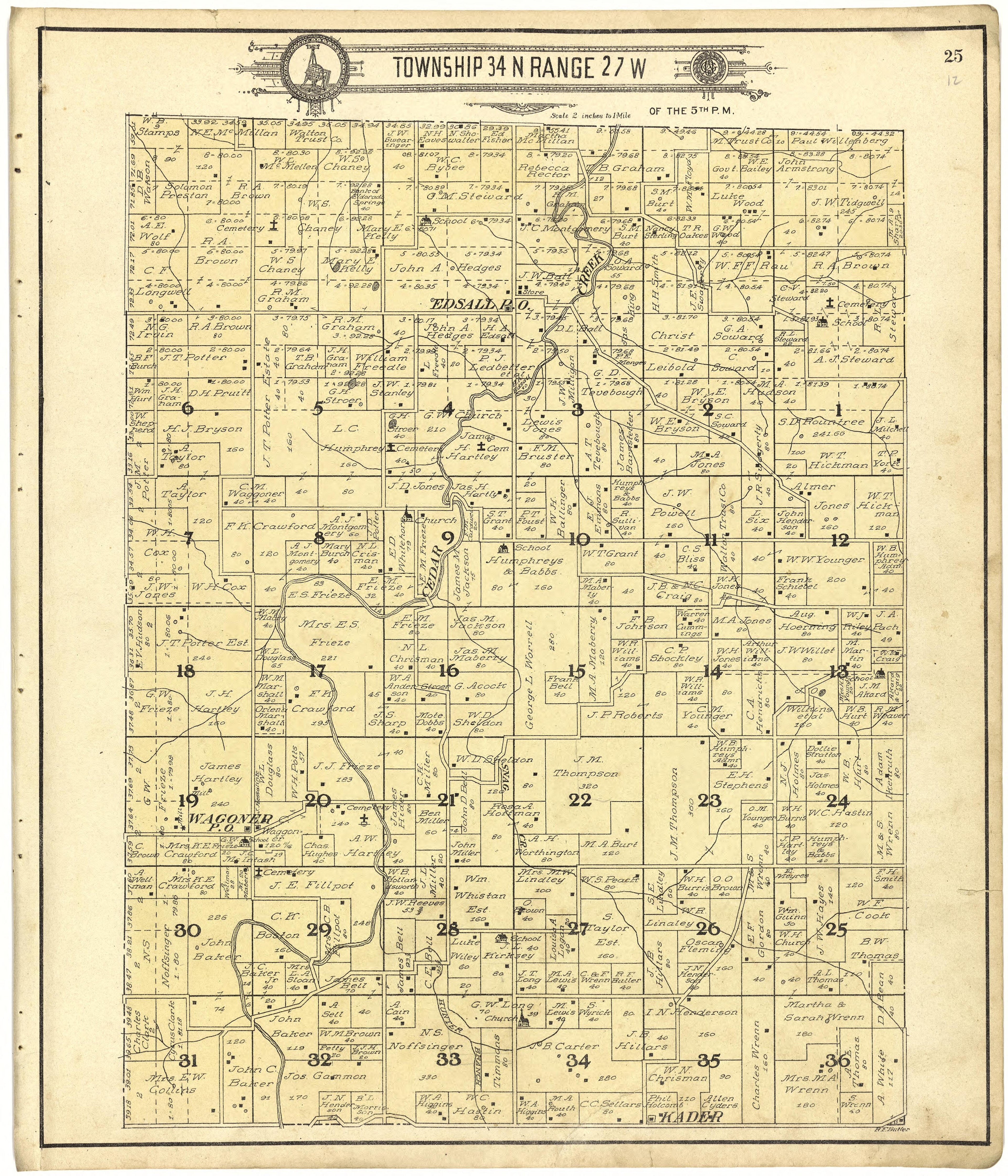 Map of Township 34 N Range 27 W from Standard Atlas of Cedar County, Missouri : Including a Plat Book of the Villages, Cities and Townships of the County, Map of the State, United States and World, Patrons Directory, Reference Business … 1908 by Relic Map Company