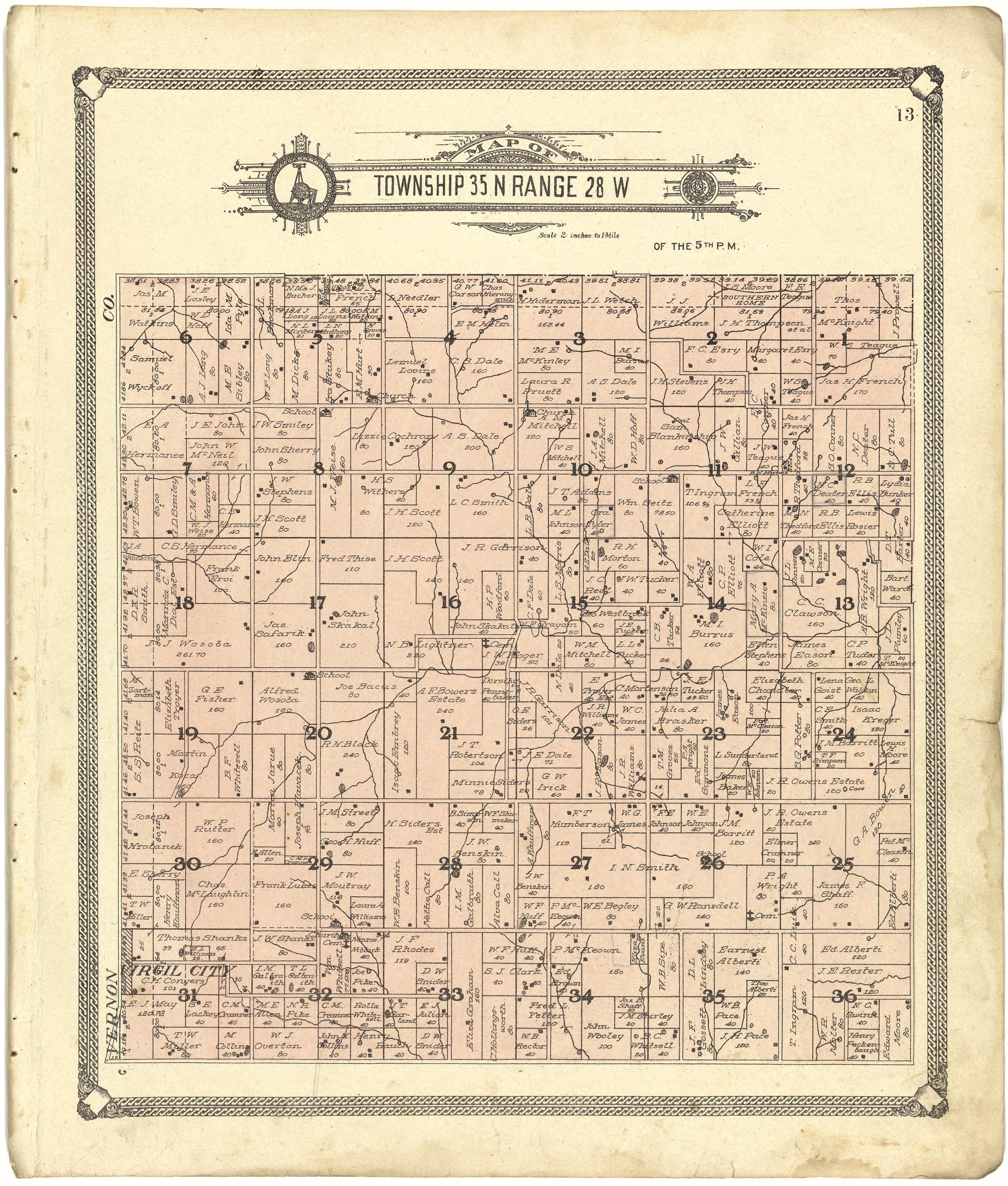 Map of Township 35 N Range 28 W from Standard Atlas of Cedar County, Missouri : Including a Plat Book of the Villages, Cities and Townships of the County, Map of the State, United States and World, Patrons Directory, Reference Business … 1908 by Relic Map Company