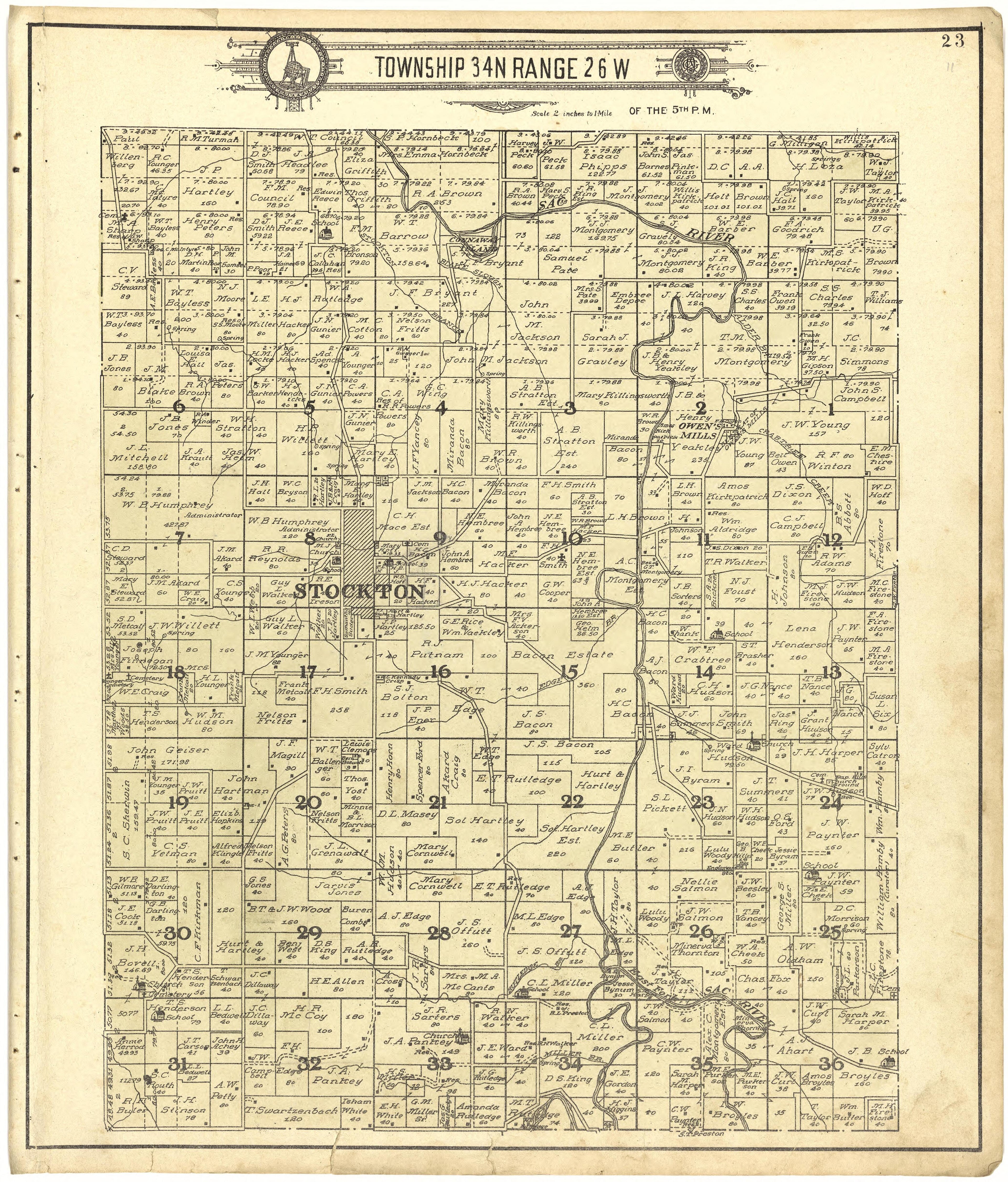 Map of Township 34 N Range 26 W from Standard Atlas of Cedar County, Missouri : Including a Plat Book of the Villages, Cities and Townships of the County, Map of the State, United States and World, Patrons Directory, Reference Business … 1908 by Relic Map Company