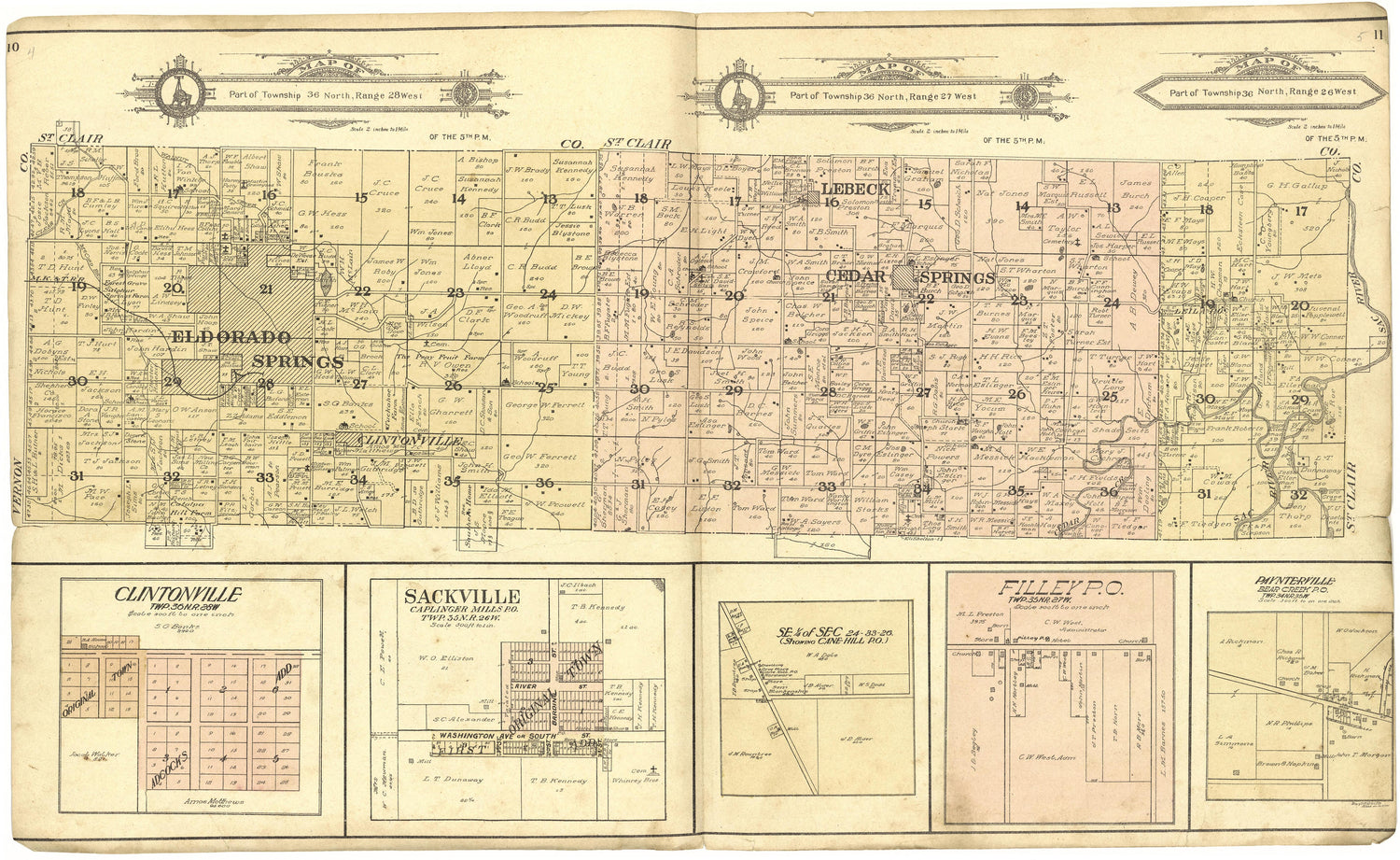 Clintonville; Sackville; Paynterville from Standard Atlas of Cedar County, Missouri : Including a Plat Book of the Villages, Cities and Townships of the County, Map of the State, United States and World, Patrons Directory, Reference Business … 1908 by Relic Map Company