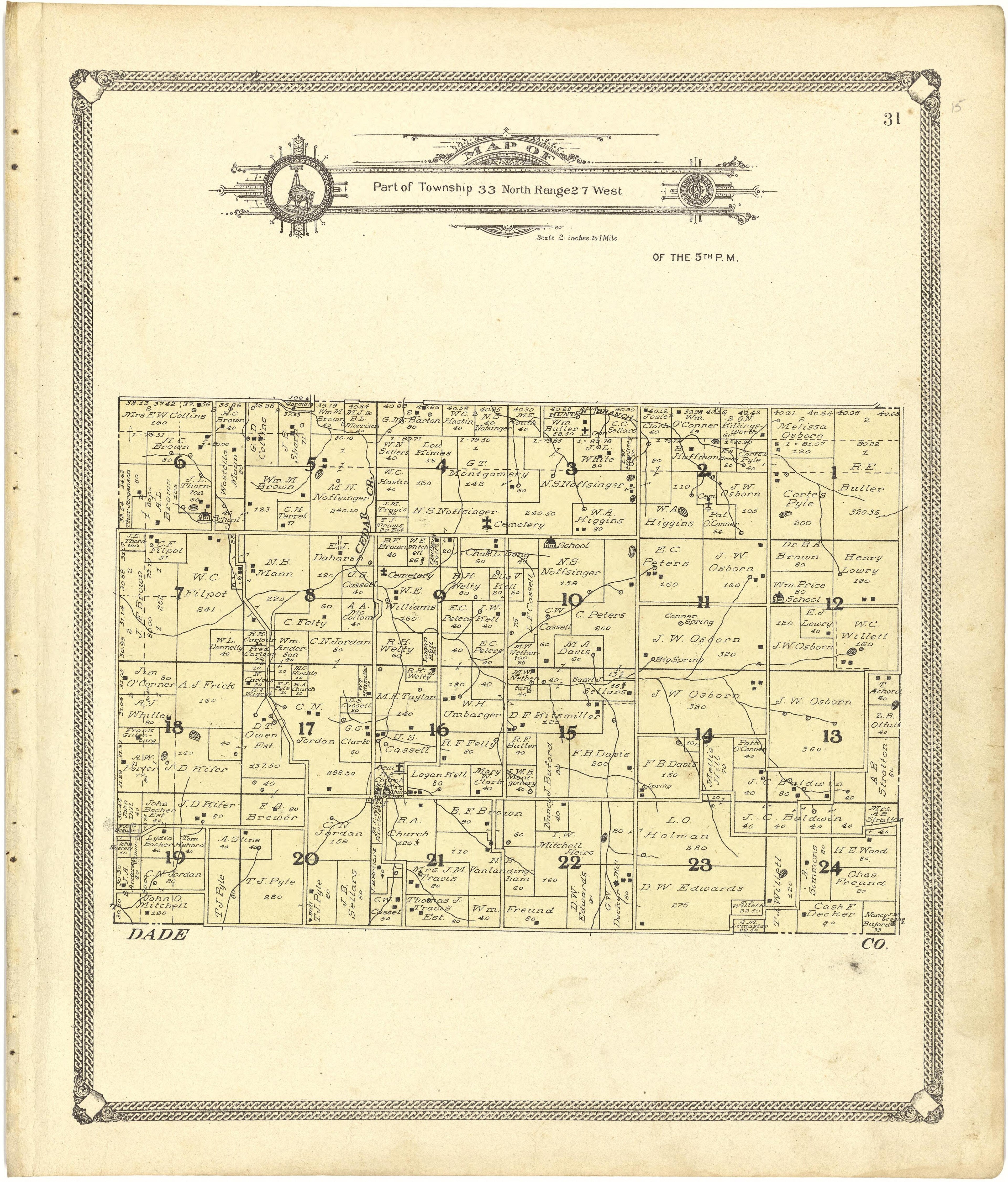 Map of Part of Township 33 North Range 27 West from Standard Atlas of Cedar County, Missouri : Including a Plat Book of the Villages, Cities and Townships of the County, Map of the State, United States and World, Patrons Directory, Reference Business ... by Relic Map Company